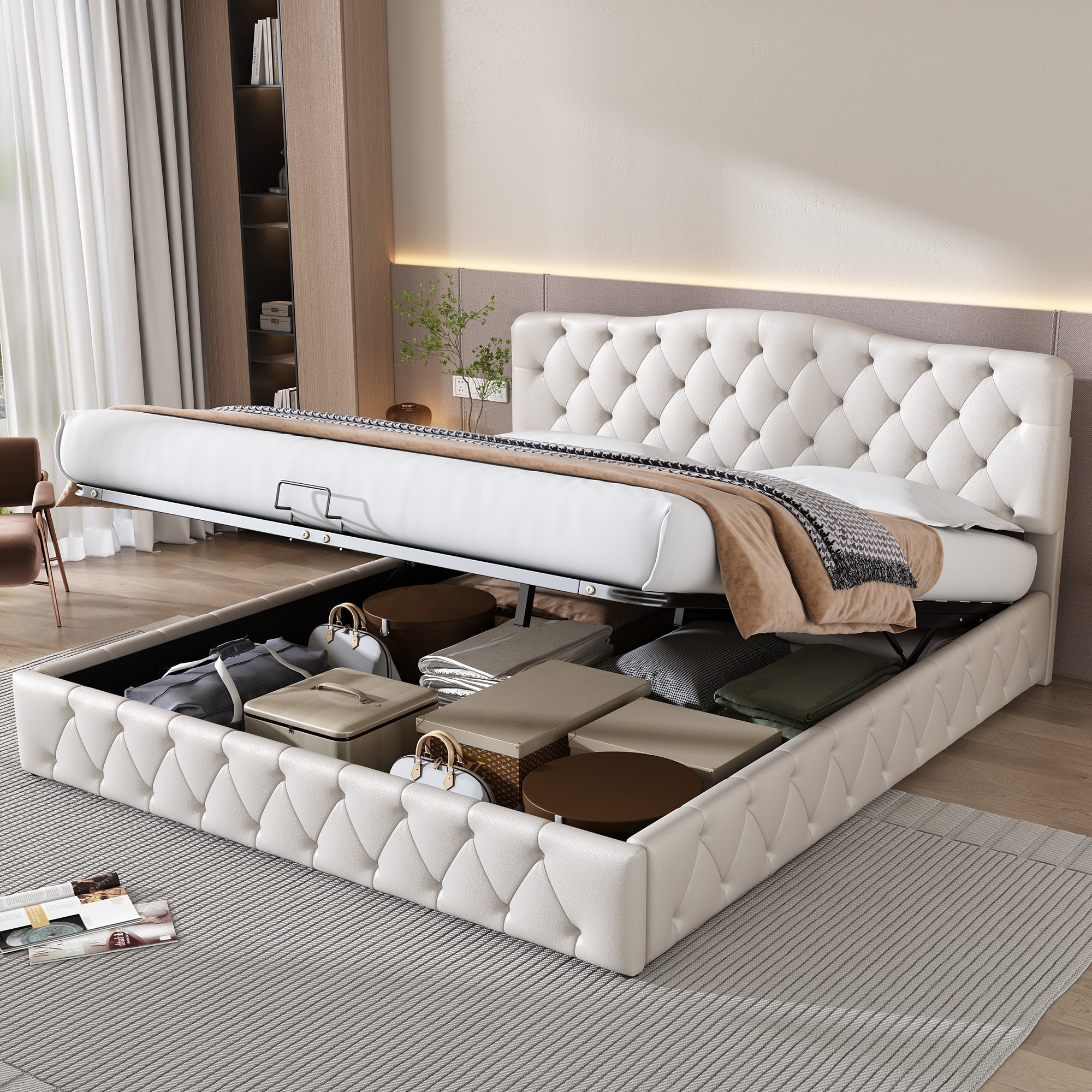 Upholstered Bed 180x200cm Storage Adjustable Headboard Slatted Frame - White PU