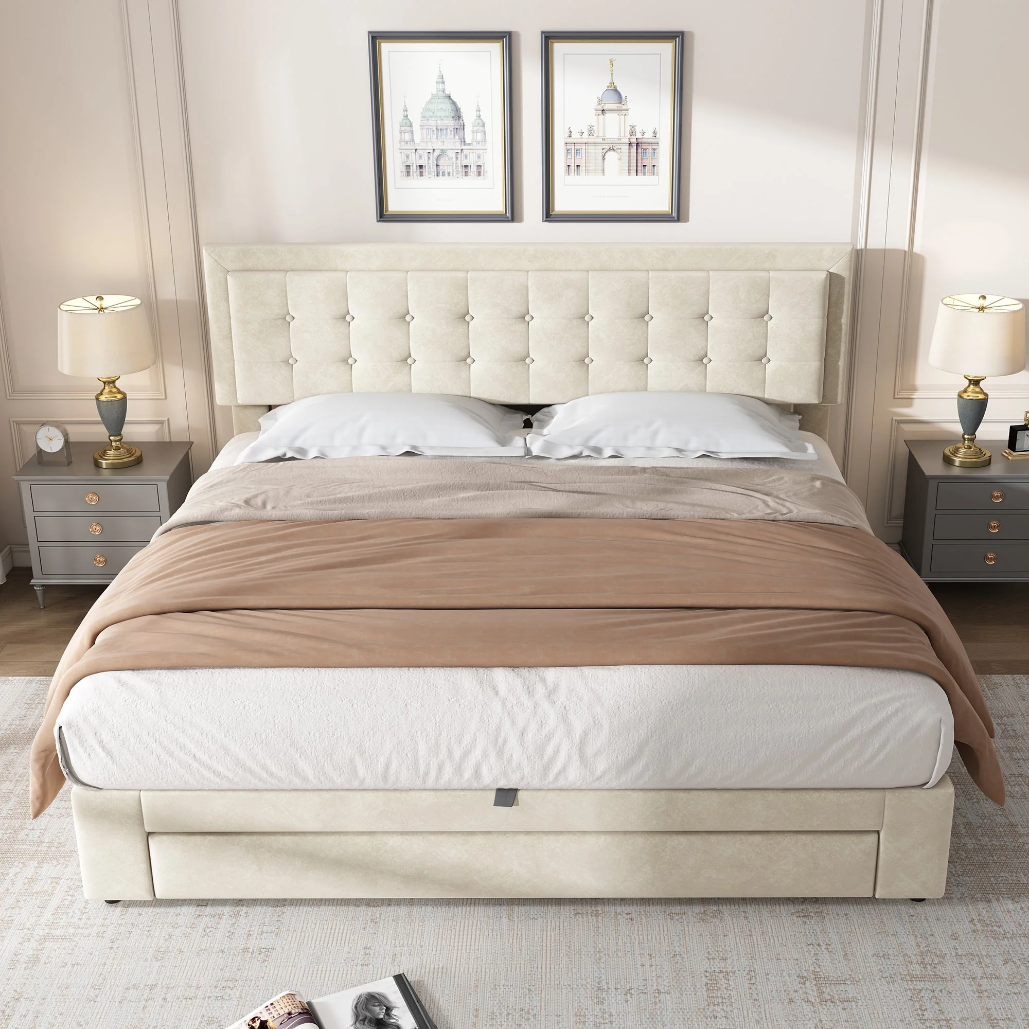 Upholstered Bed 180x200cm Storage Box Drawers Slatted Frame - Velvet Beige - Image 5