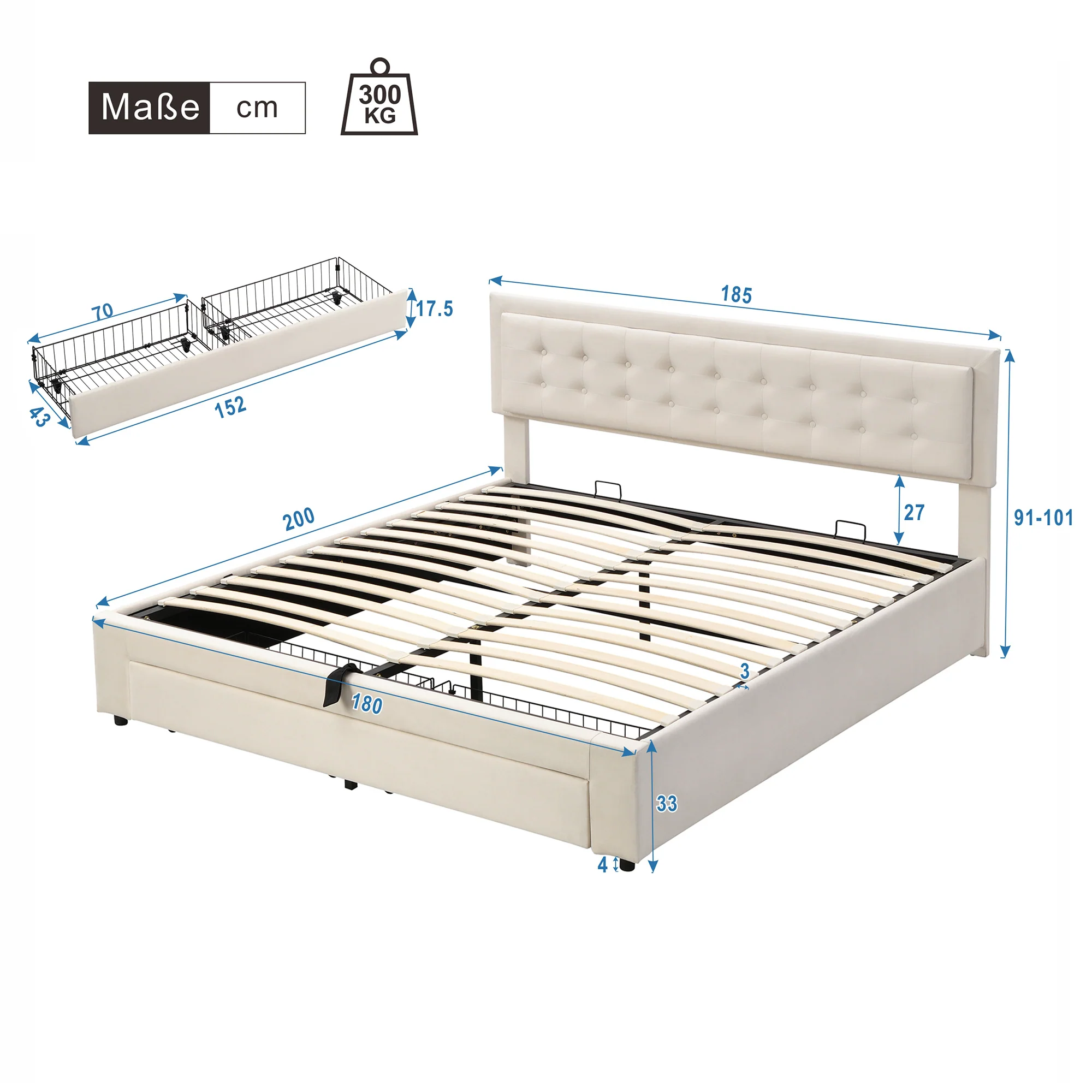 Upholstered Bed 180x200cm Storage Box Drawers Slatted Frame - Velvet Beige - Image 6