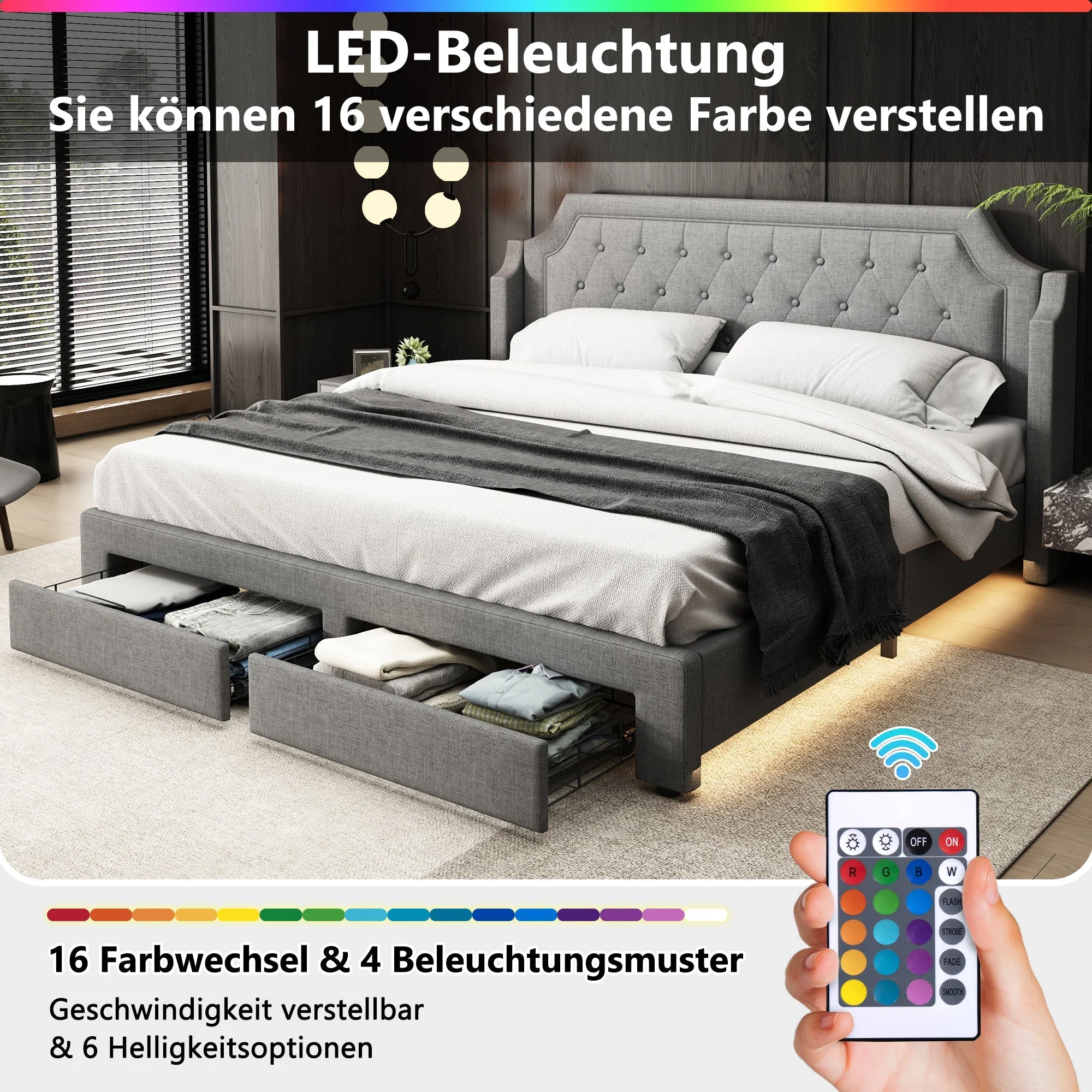 Upholstered Bed 180x200cm with 2 Drawers, LED & Slatted Base - Linen Grey - Image 7