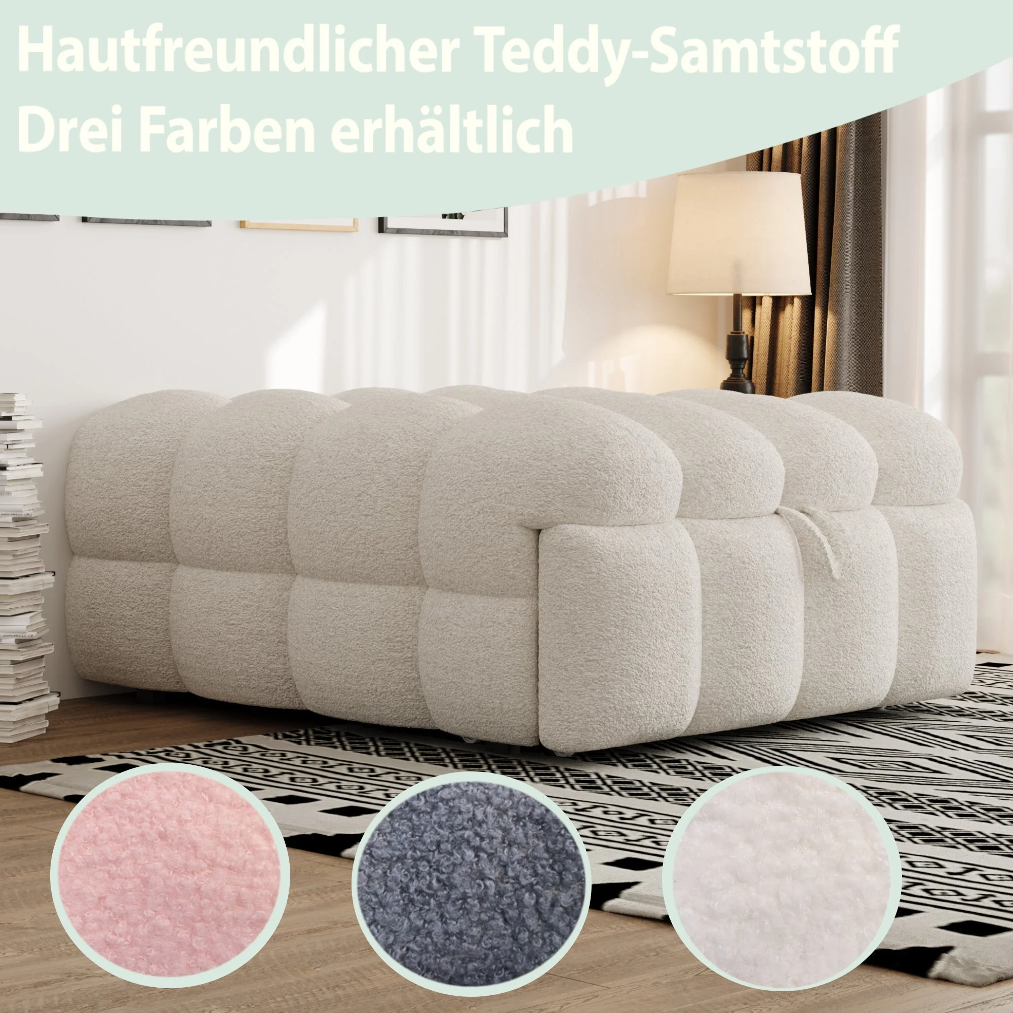 Upholstered Bed 2-in-1 Footstool Pull-out Sofa Bed Single Teddy Fabric Beige - Image 4