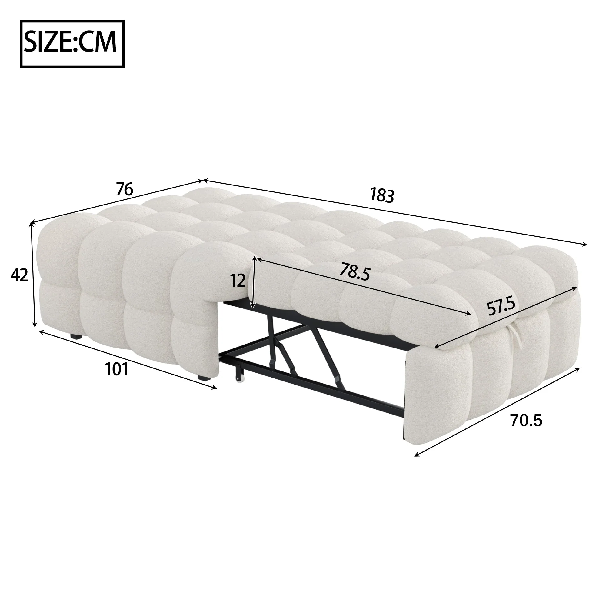 Upholstered Bed 2-in-1 Footstool Pull-out Sofa Bed Single Teddy Fabric Beige - Image 6
