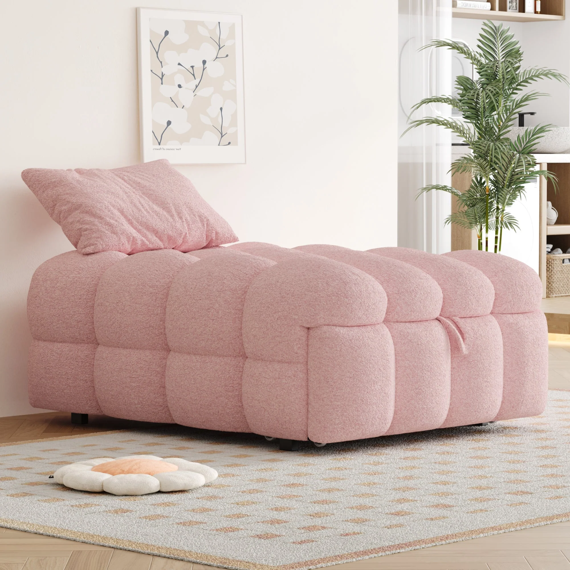 Upholstered Bed, 2-in-1 Footstool Pull-Out Sofa Single Puffy, Teddy Fabric Pink - Image 3