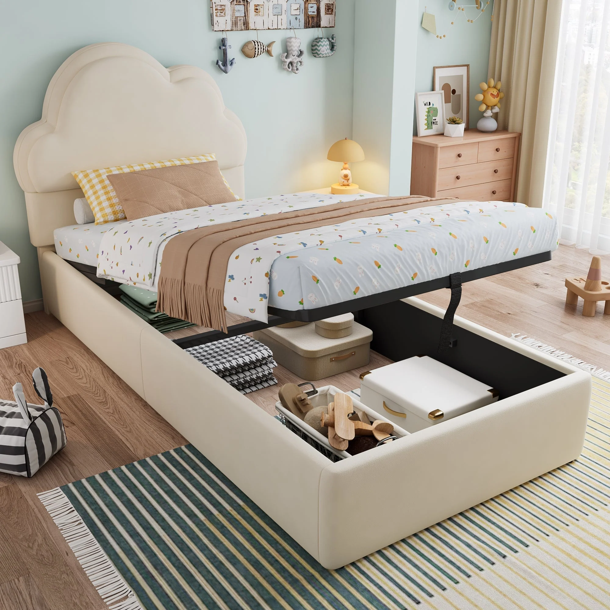 Upholstered Bed, 3ft Single Hydraulic Storage with Cloud Backrest, Beige Velvet
