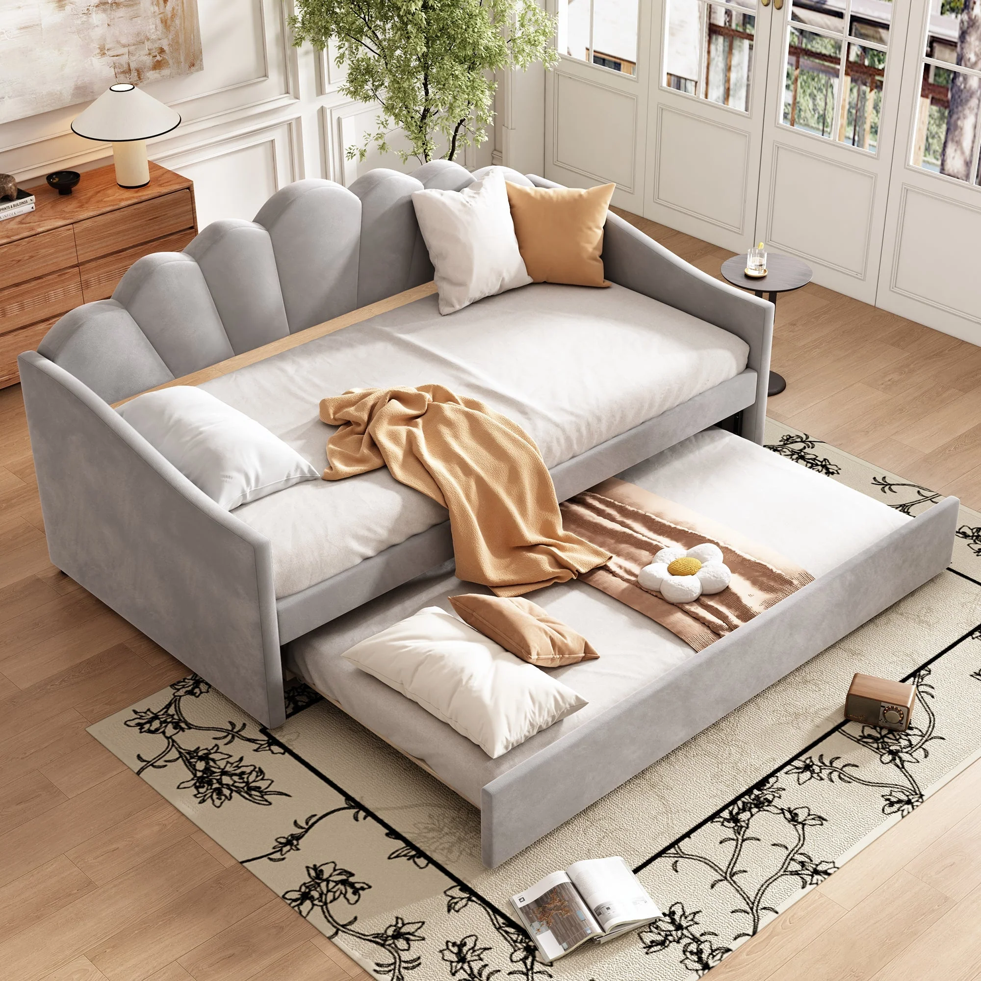 3ft Single Upholstered Bed with Trundle – Grey Velvet Daybed for Adults & Teens
