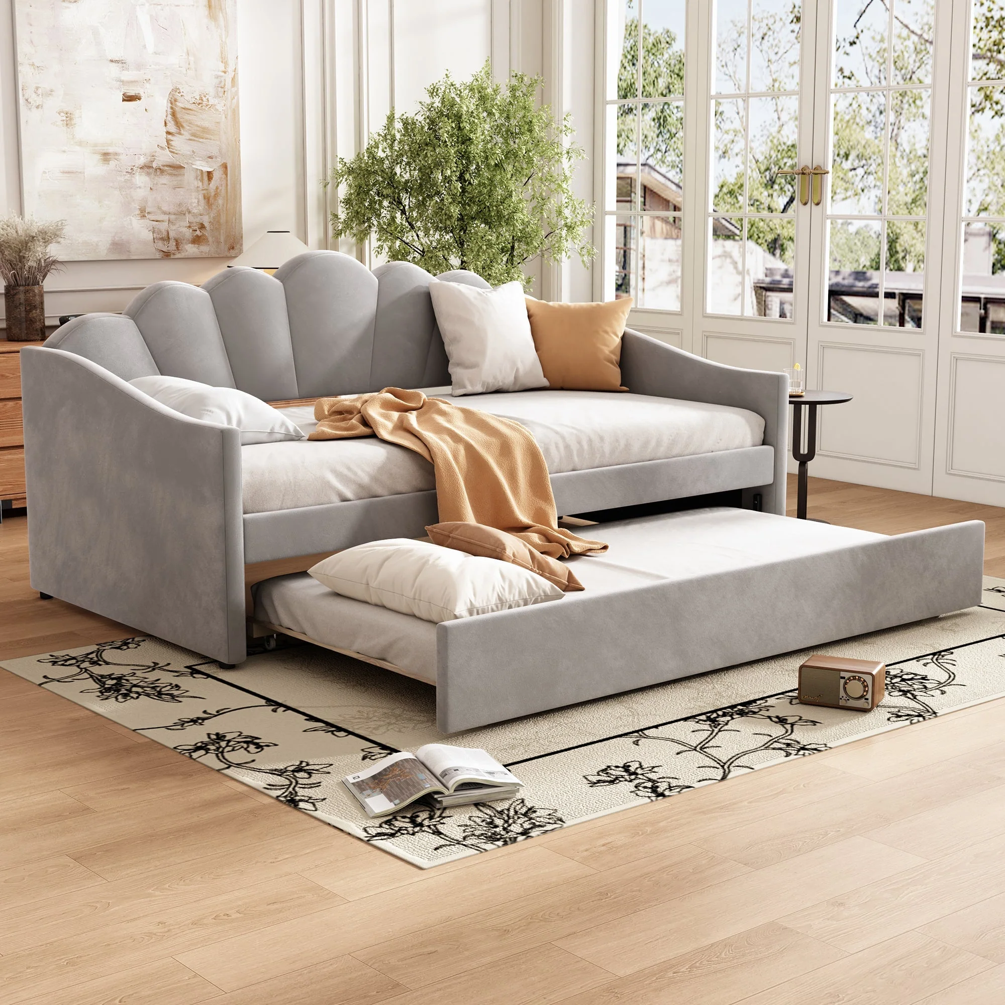 3ft Single Upholstered Bed with Trundle – Grey Velvet Daybed for Adults & Teens - Image 3