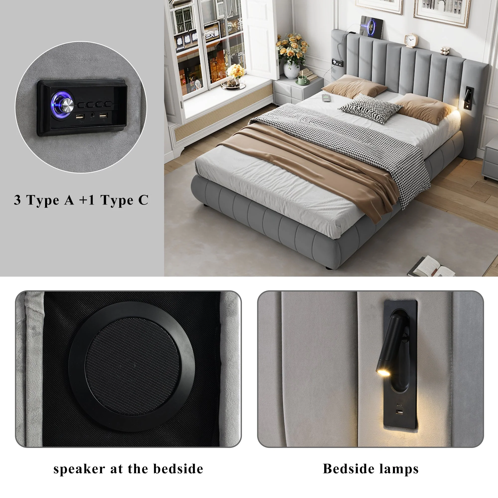 Upholstered Bed 4ft6 Double, 135x190cm, with Stereo, USB-A & USB-C, Lighting, Electrical Plug, Soft Headboard, Velvet & Iron, Grey - Image 5