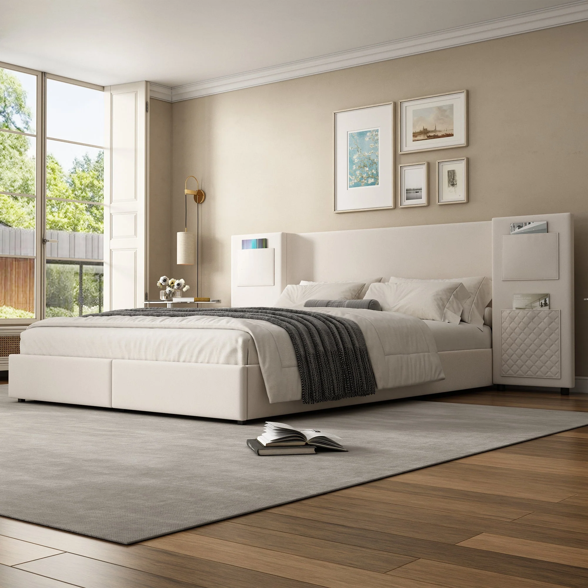 Upholstered Bed 4ft6 Double 135x190cm with Storage Pockets & Drawers, Beige Velvet - Image 2