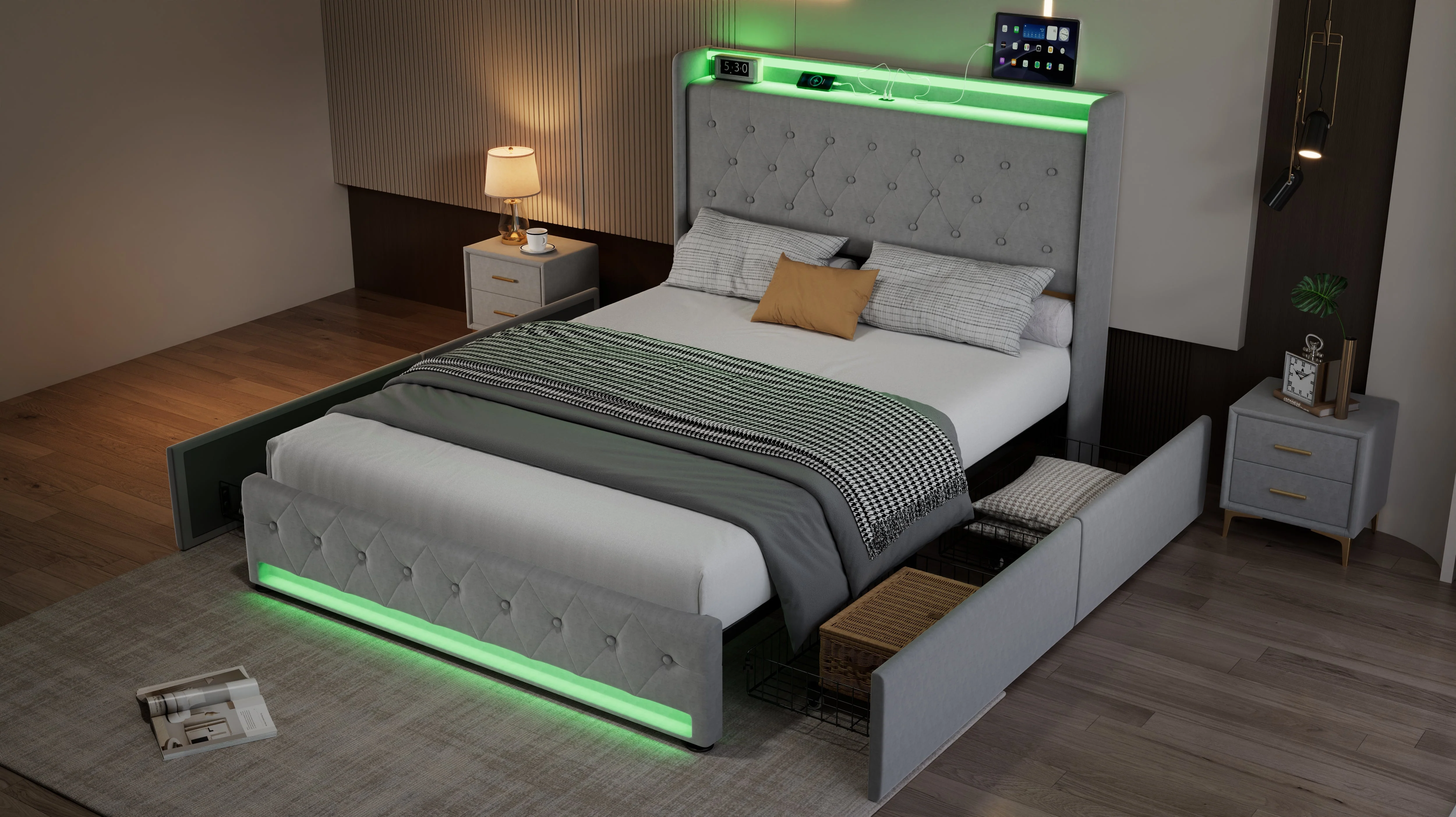 Upholstered Bed, 4ft6 Double with 4 Drawers, Light Strips & Charging Socket, Grey Velvet - Image 8