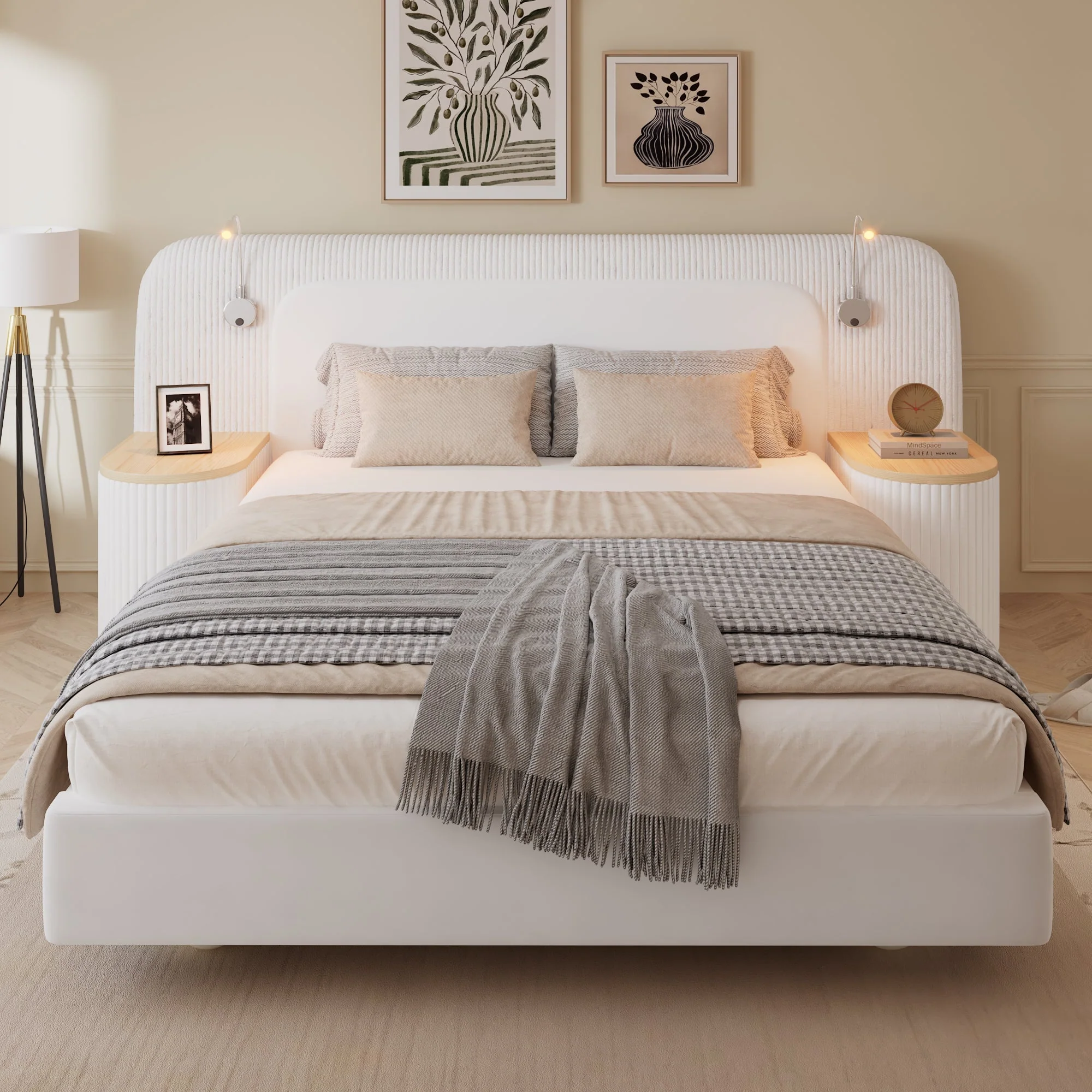 Upholstered Bed 4ft6 Double with Bedside Light and Table, Beige Velvet - Image 3