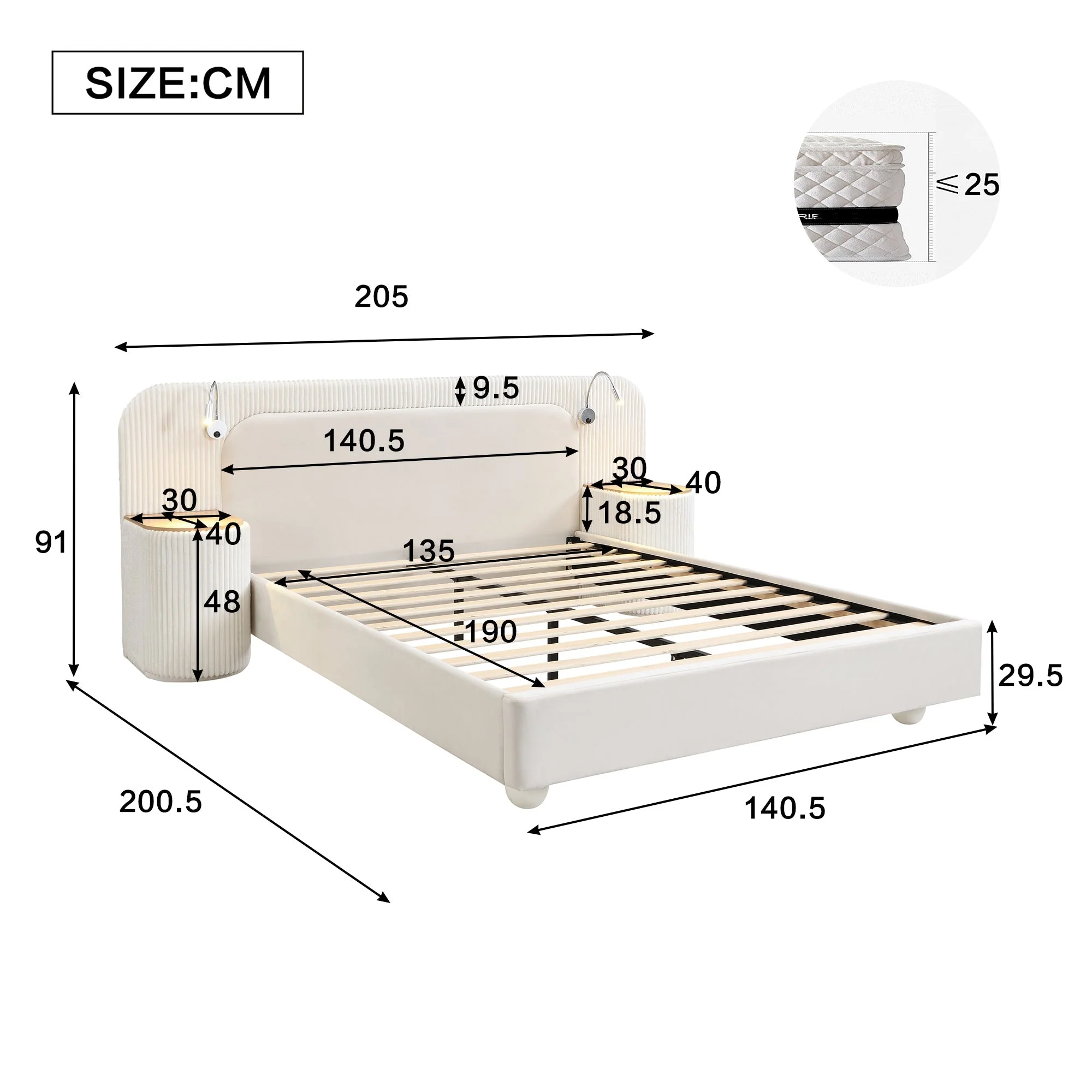 Upholstered Bed 4ft6 Double with Bedside Light and Table, Beige Velvet - Image 4