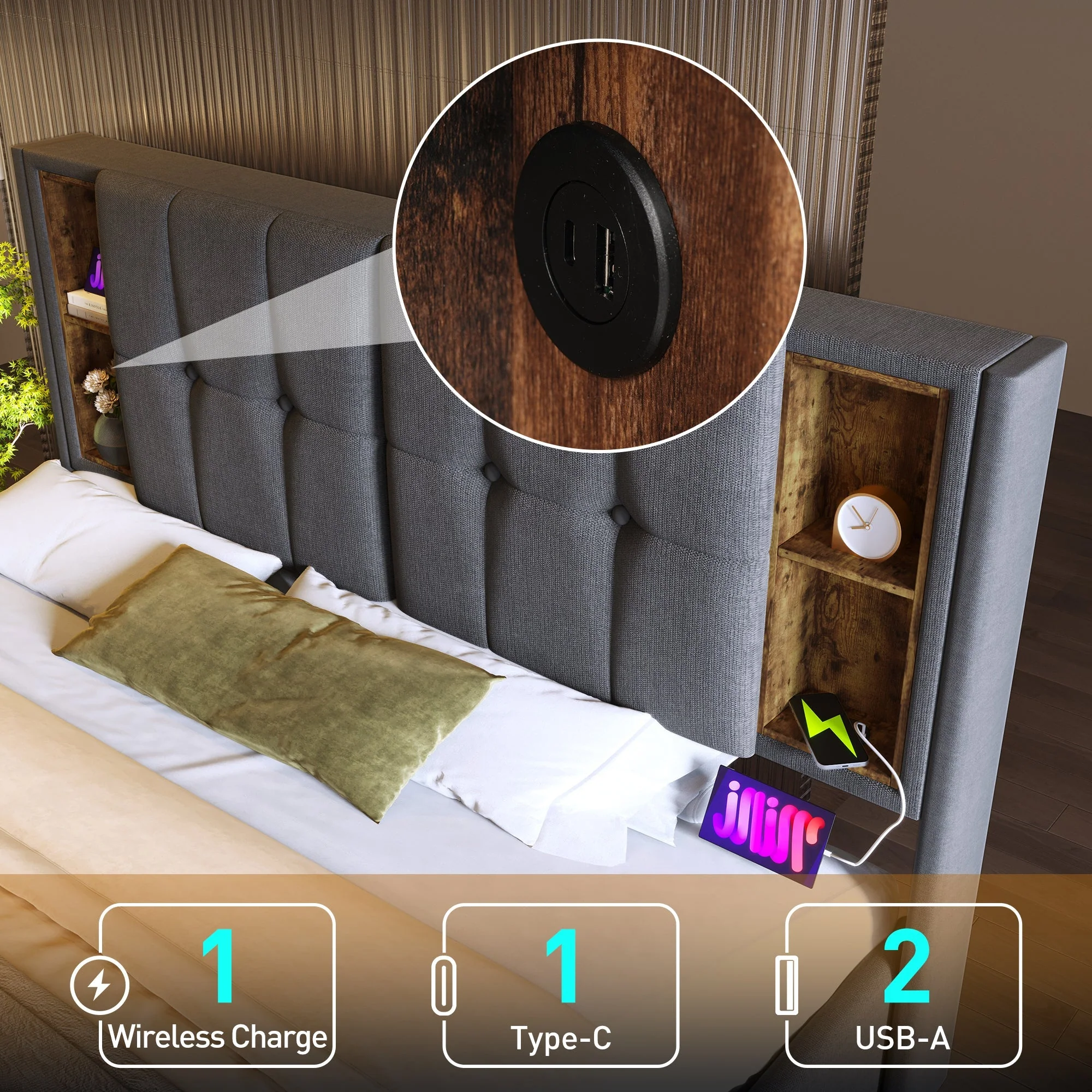 Upholstered Bed 6FT Super King 180x200cm, Wireless Charging USB, Hydraulic Storage, Linen, Grey - Image 4