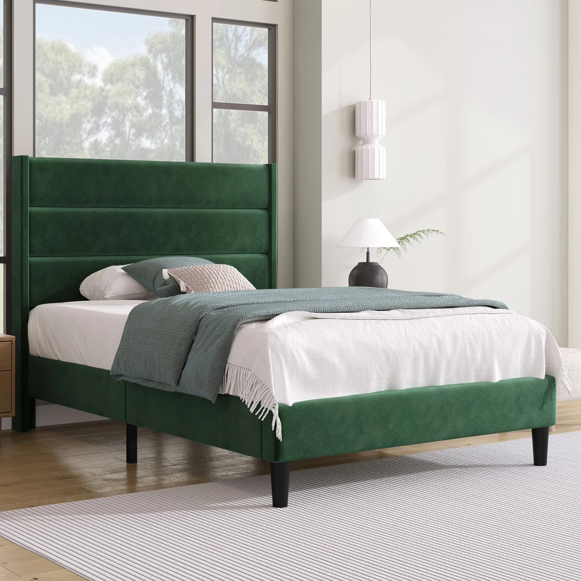 Upholstered Bed, 90 x 200 cm, Slatted Frame & Headboard, Velvet Dark Green - Image 5