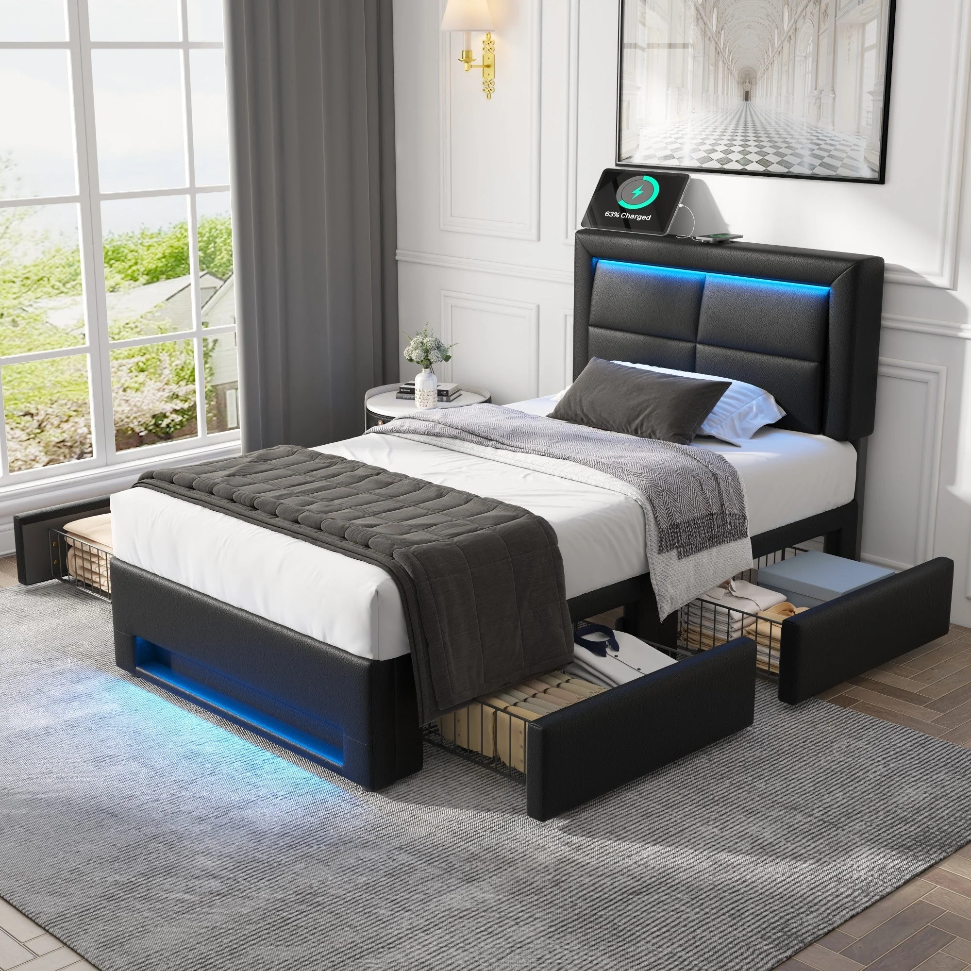 Upholstered Bed 90x190cm USB Charging LED Lighting 4 Drawers - PU Lychee Black - Image 3