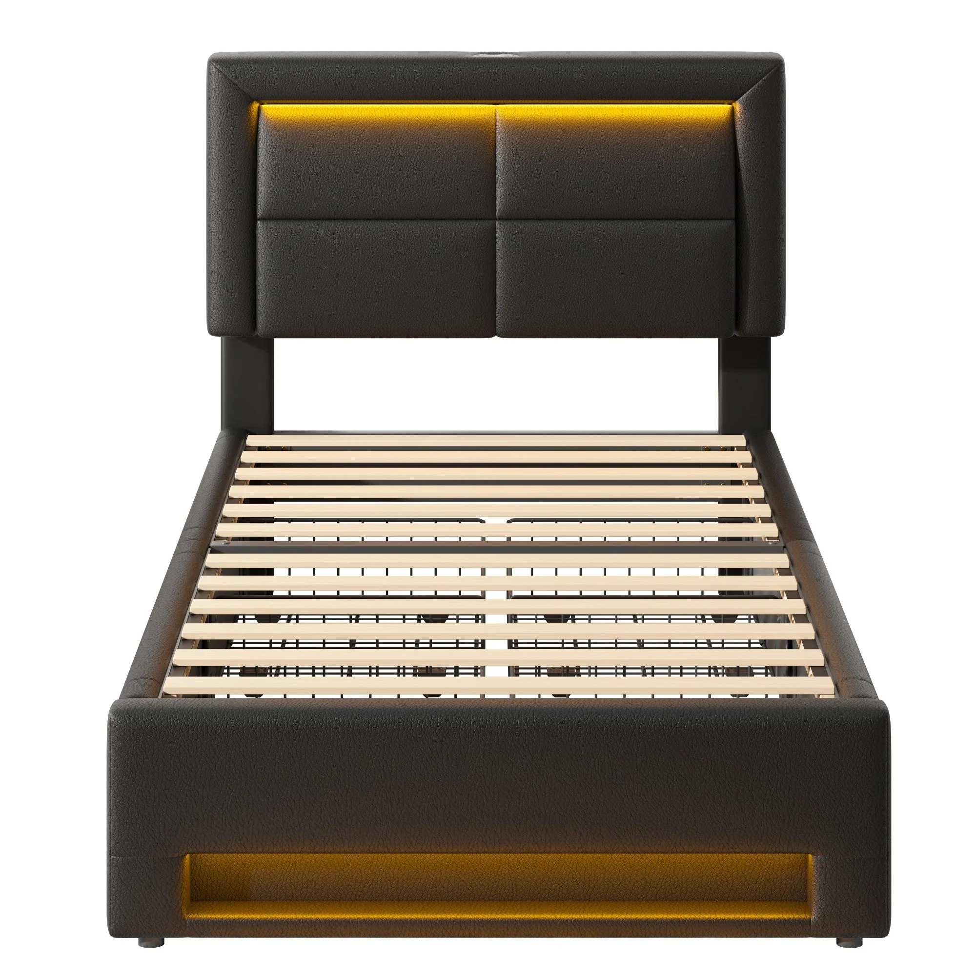 Upholstered Bed 90x190cm USB Charging LED Lighting 4 Drawers - PU Lychee Black - Image 9