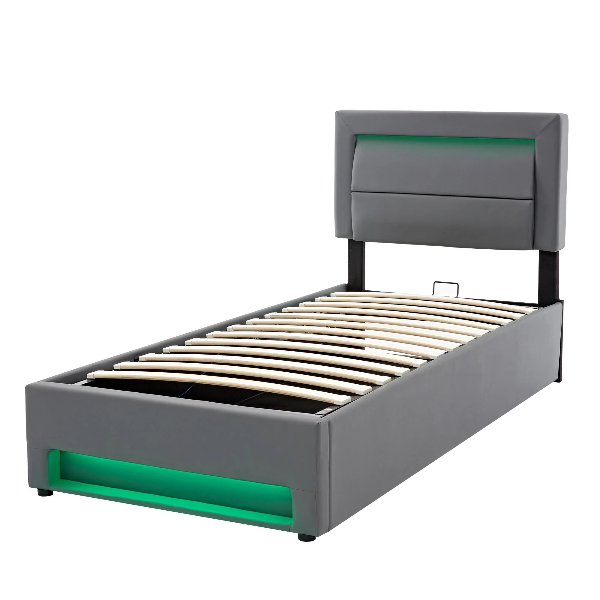Upholstered Bed 90x190cm USB Charging LED Lighting Storage PU Lychee Grey - Image 10