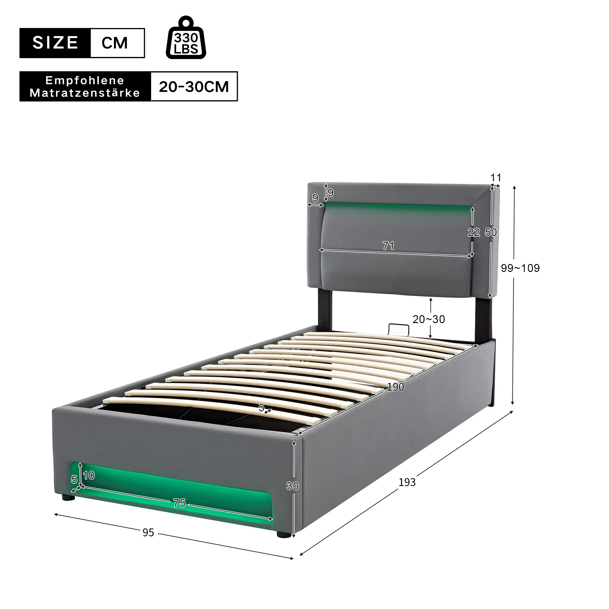 Upholstered Bed 90x190cm USB Charging LED Lighting Storage PU Lychee Grey - Image 8