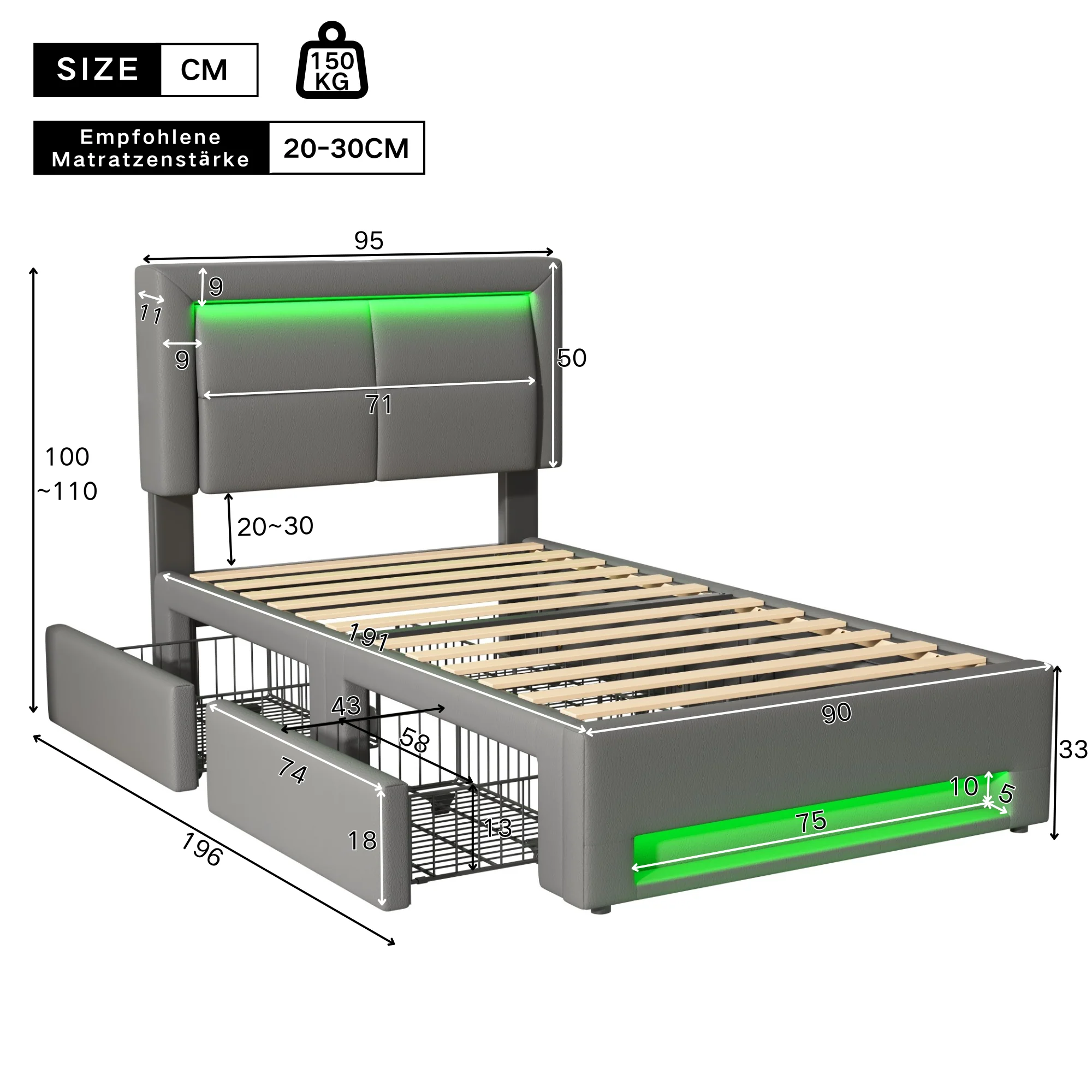 Upholstered Bed 90x190cm USB/Wireless Charging LED 4 Drawers - Grey PU Lychee - Image 8