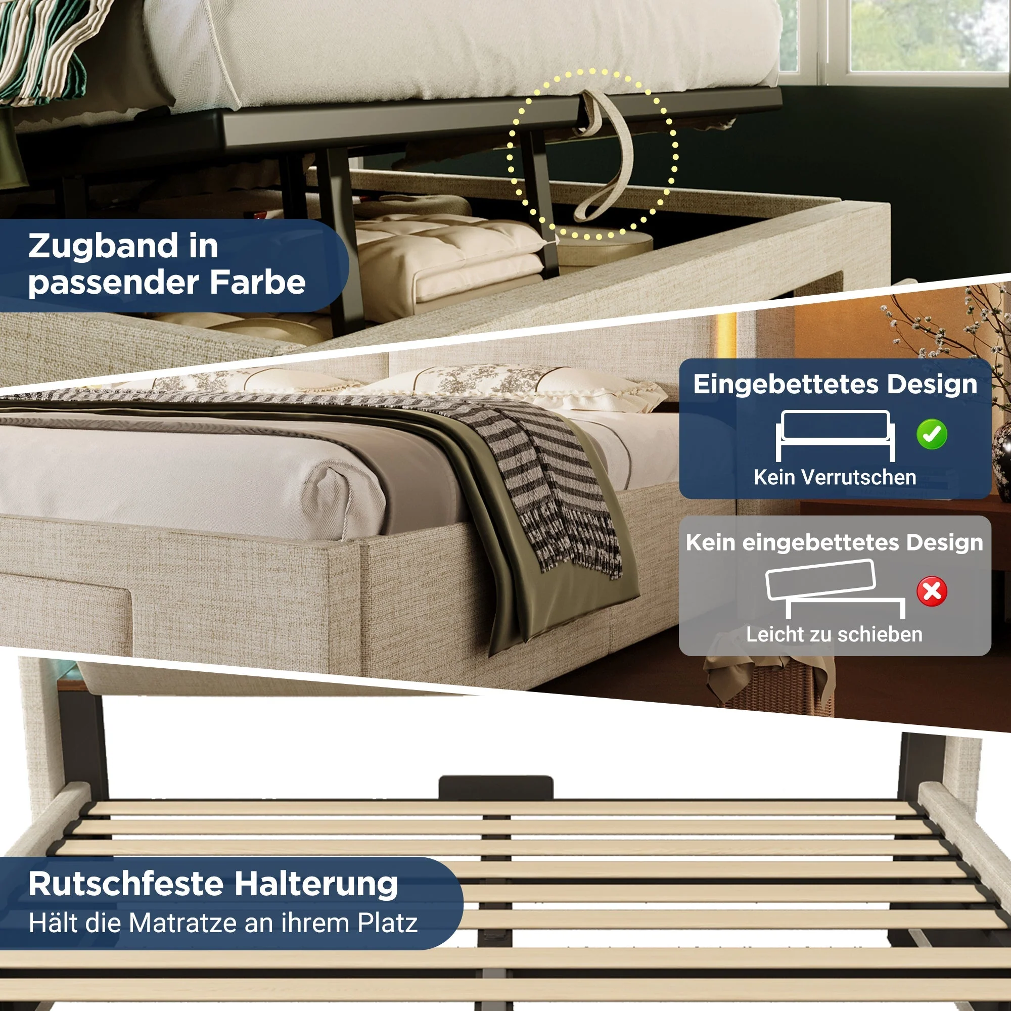 Upholstered Bed 90x200 cm with Hydraulic Storage, LED Lighting and USB Charging, Beige Linen - Image 5