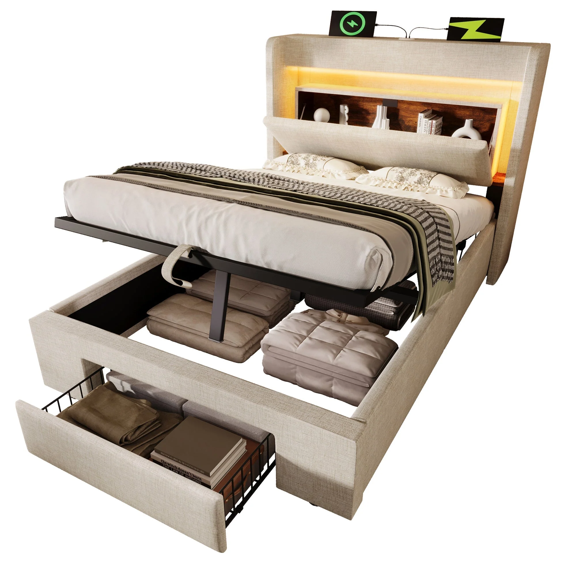 Upholstered Bed 90x200 cm with Hydraulic Storage, LED Lighting and USB Charging, Beige Linen - Image 7