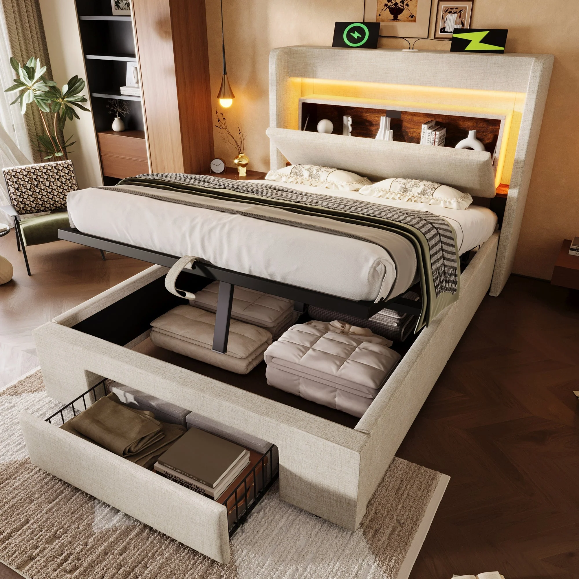 Upholstered Bed 90x200 cm with Hydraulic Storage, LED Lighting and USB Charging, Beige Linen - Image 9