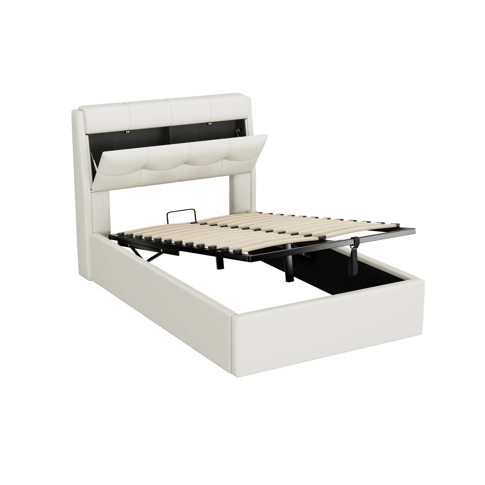 Upholstered Bed 90x200 Hydraulic Bed Box & Headboard Storage PU White - Image 9