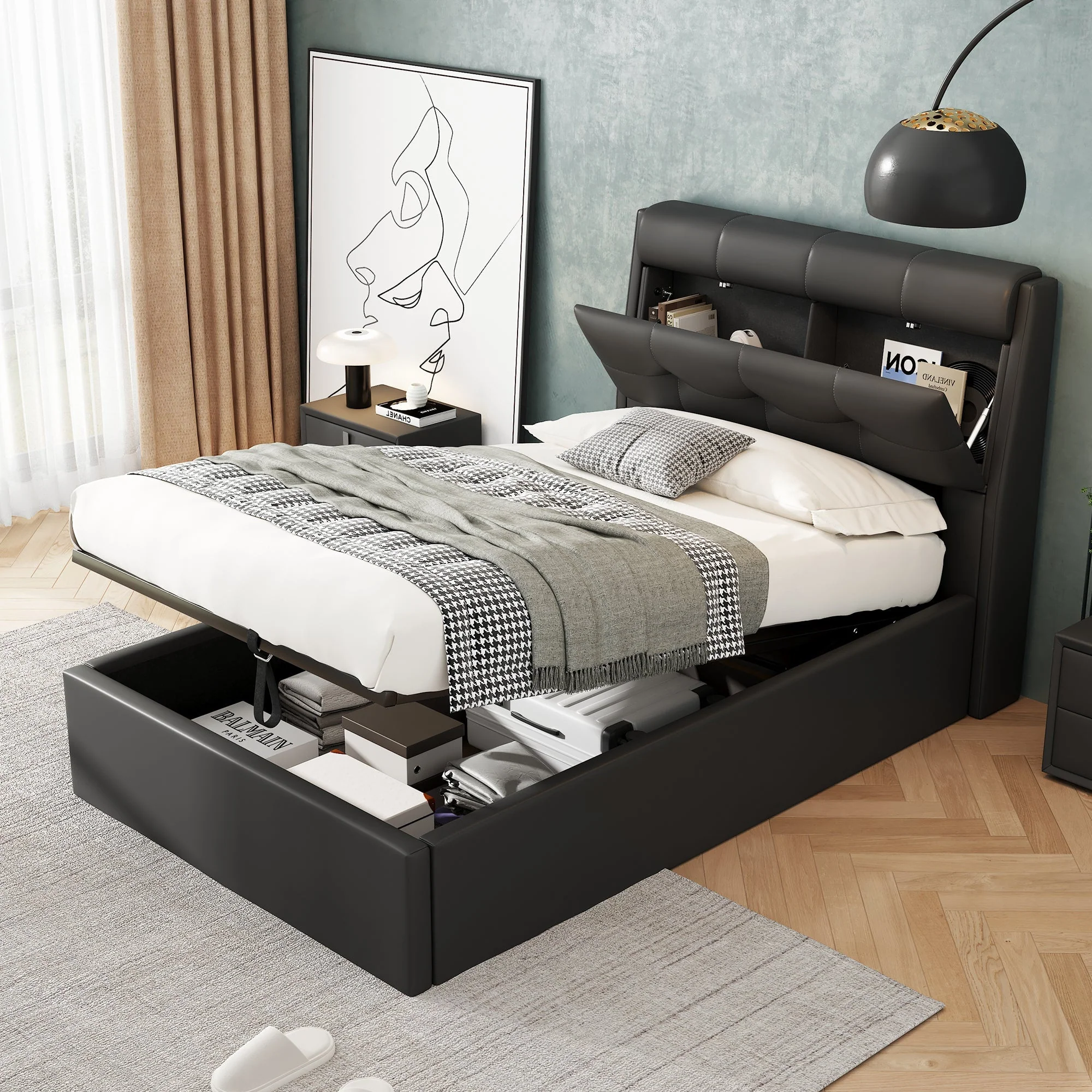 Upholstered Bed 90x200 Hydraulic Storage Concealed Headboard - PU Black