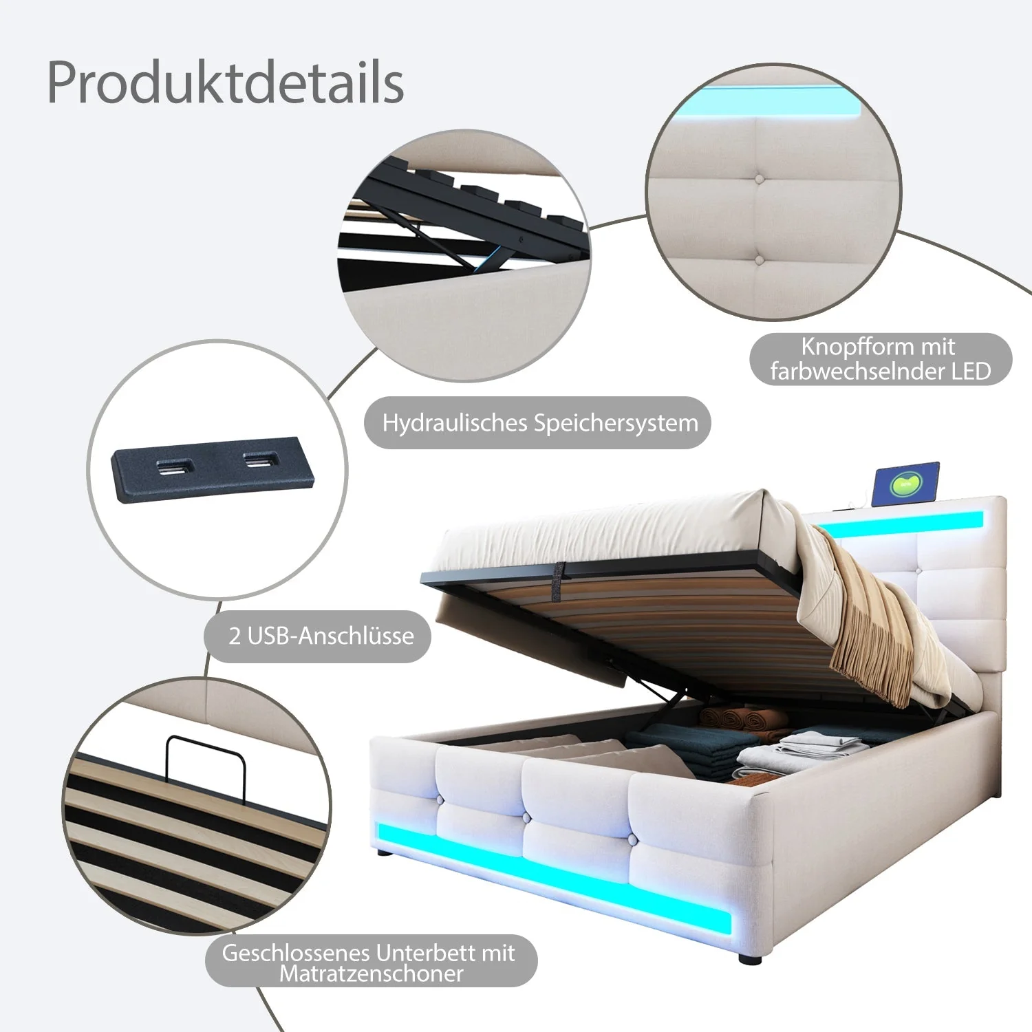 Upholstered Bed 90x200 Hydraulic Storage USB LED Light Strip, Beige Linen - Image 5
