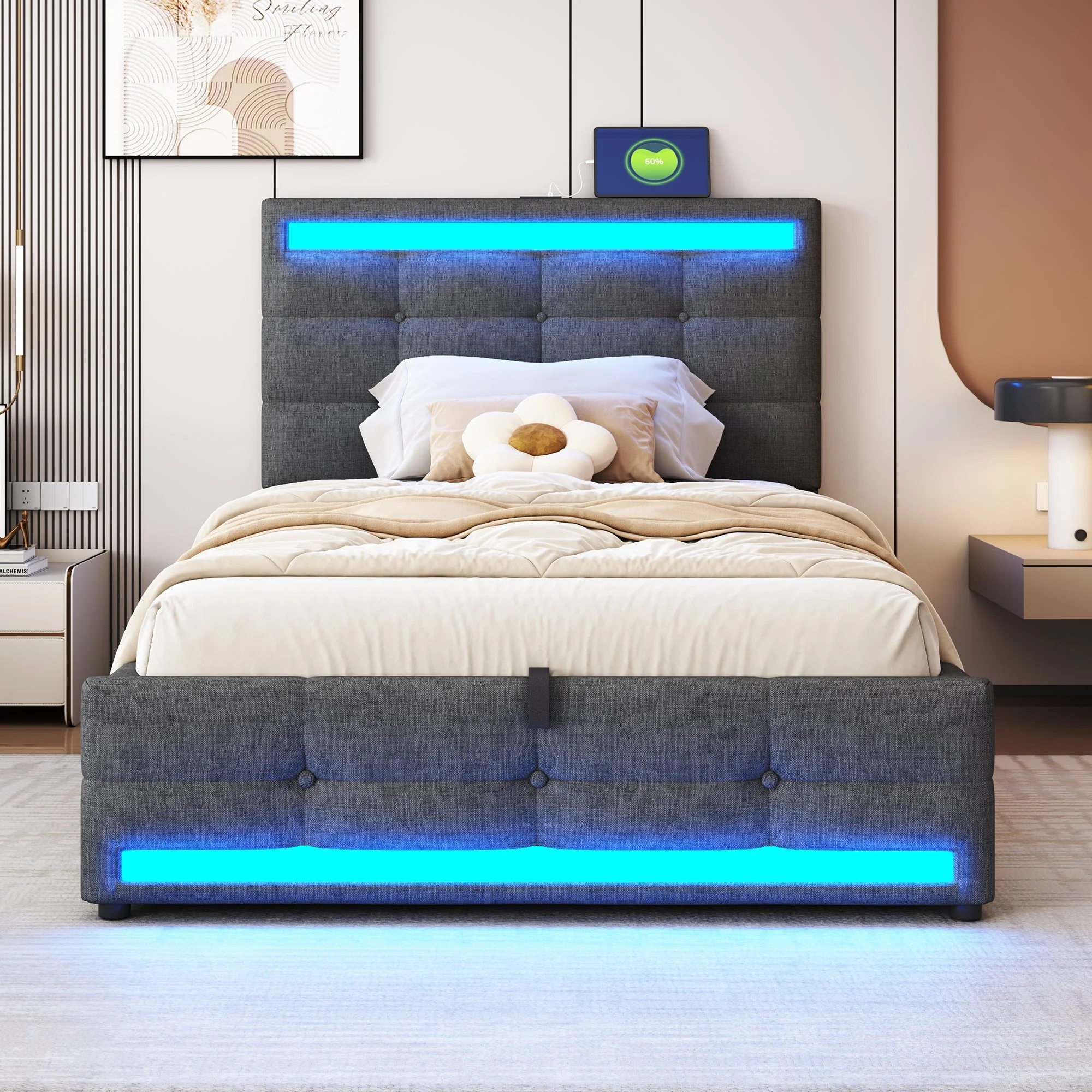 Upholstered Bed 90x200 Hydraulic Storage USB LED Light Strip, Grey Linen Single Bed - Image 3
