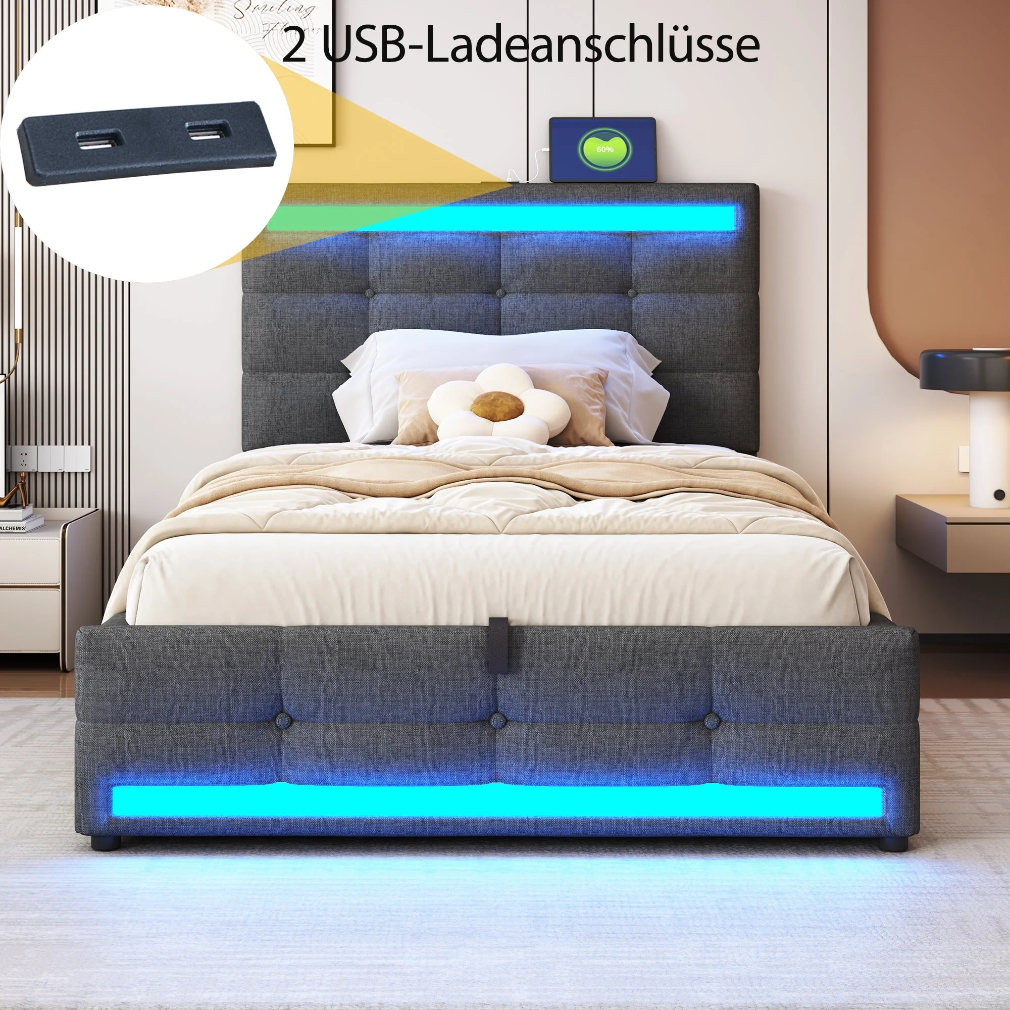 Upholstered Bed 90x200 Hydraulic Storage USB LED Light Strip, Grey Linen Single Bed - Image 4