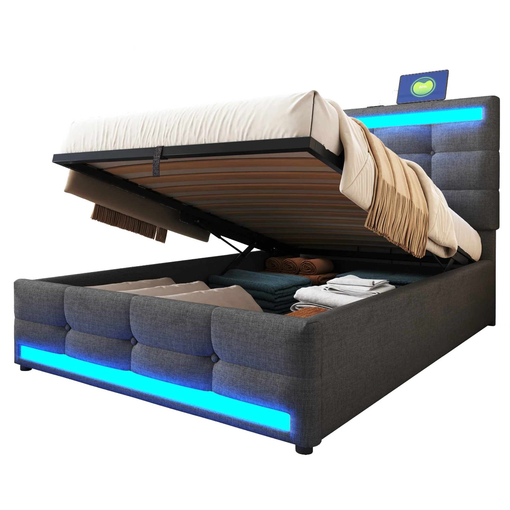 Upholstered Bed 90x200 Hydraulic Storage USB LED Light Strip, Grey Linen Single Bed - Image 7