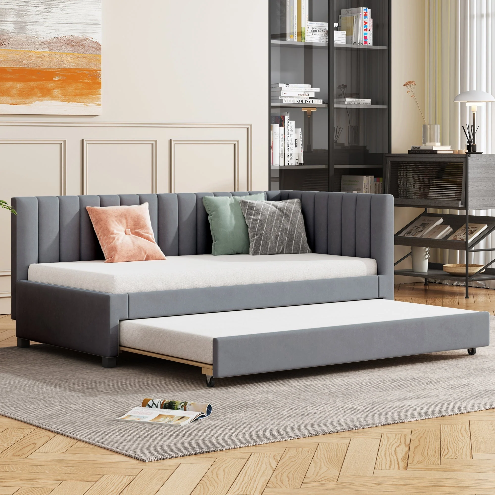 Upholstered Bed 90x200, Pull-Out Multifunctional Sofa Bed with Slatted Frame, Velvet Fabric Gray - Image 3