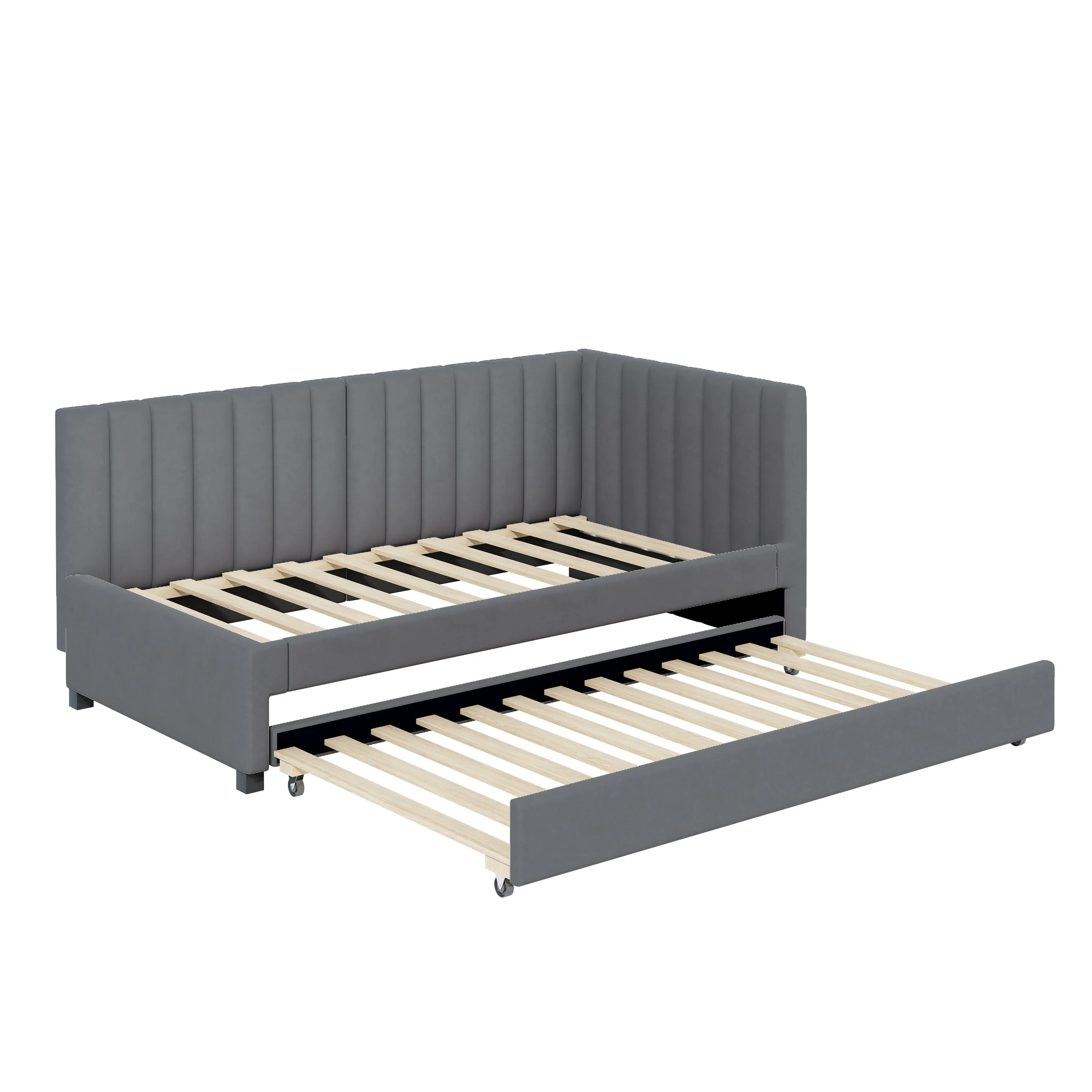 Upholstered Bed 90x200, Pull-Out Multifunctional Sofa Bed with Slatted Frame, Velvet Fabric Gray - Image 6