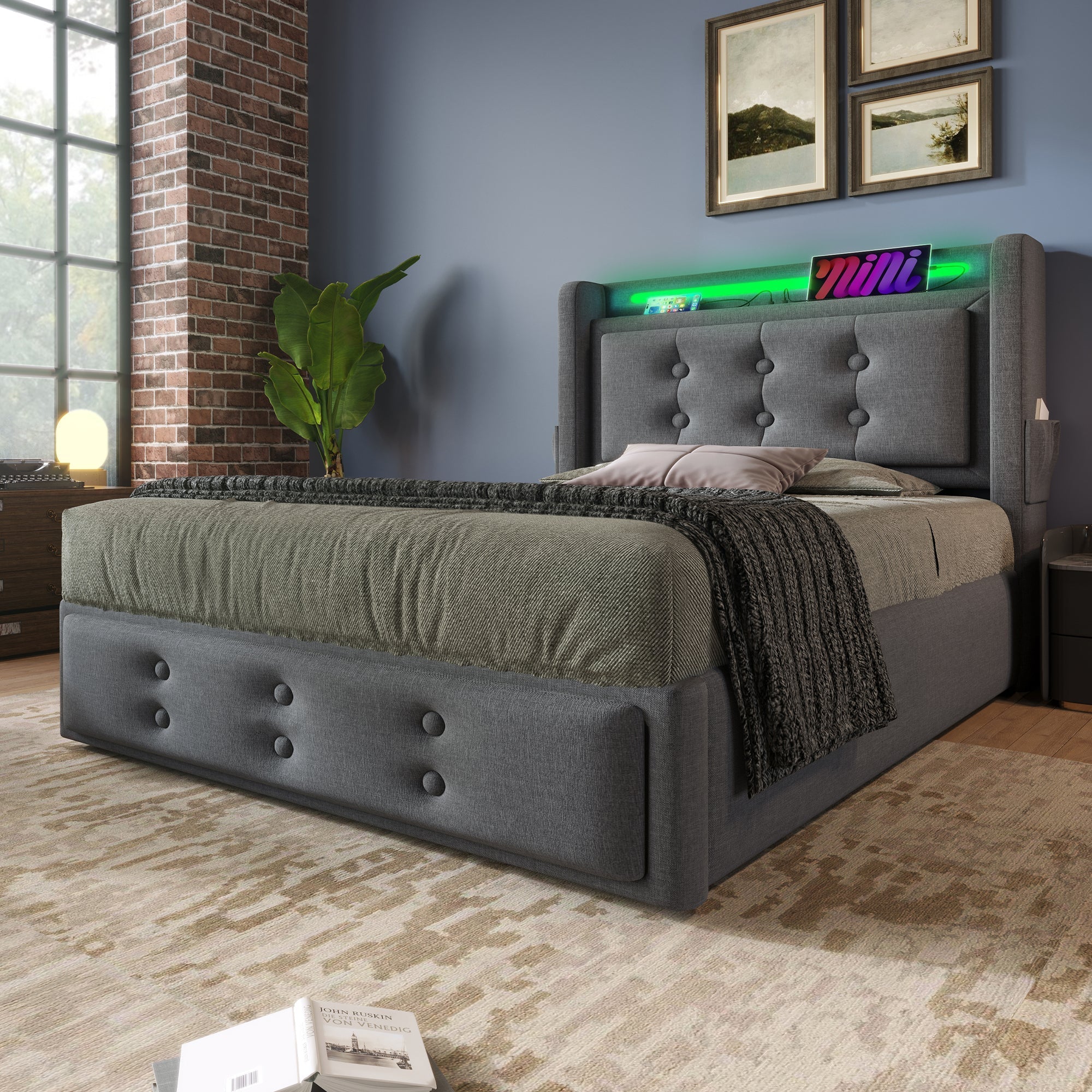 Upholstered Bed, 90x200 Single with LED Headboard, USB-C, Hydraulic Frame, Gray Cotton - Image 7