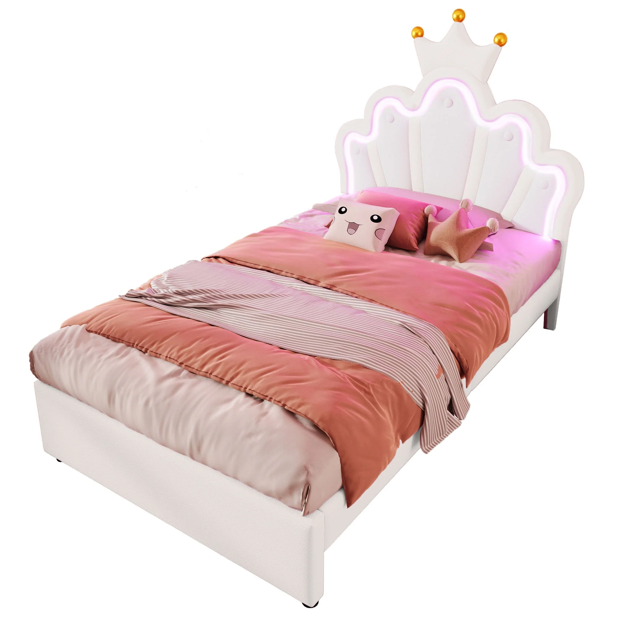 Upholstered Bed 90x200cm 2 Drawers Crown Adjustable Headboard Ambient Light - White PU - Image 7