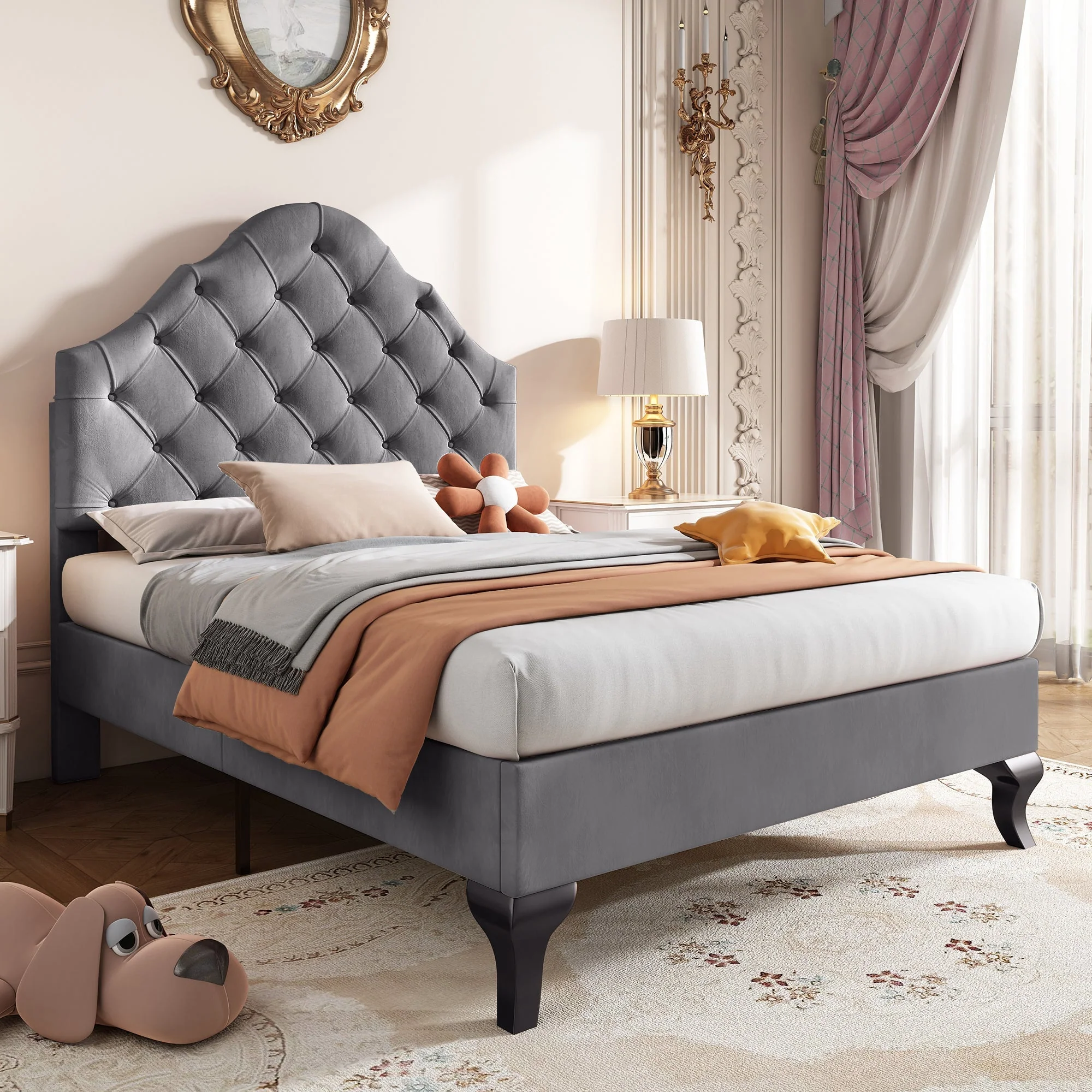 Upholstered Bed 90x200cm Adjustable Headboard Slatted Base - Velvet Grey - Image 2