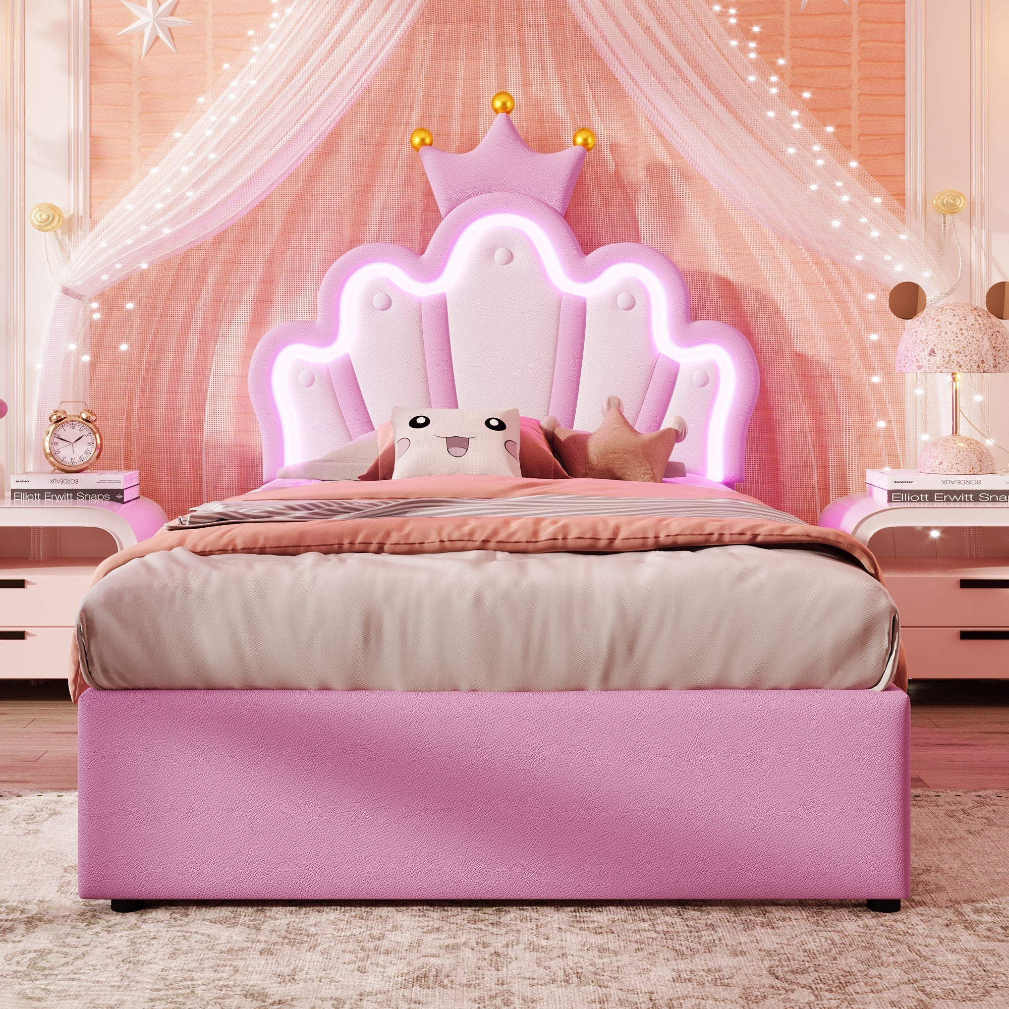 Upholstered Bed 90x200cm Crown Headboard Ambient Light 2 Drawers - Pink PU - Image 5