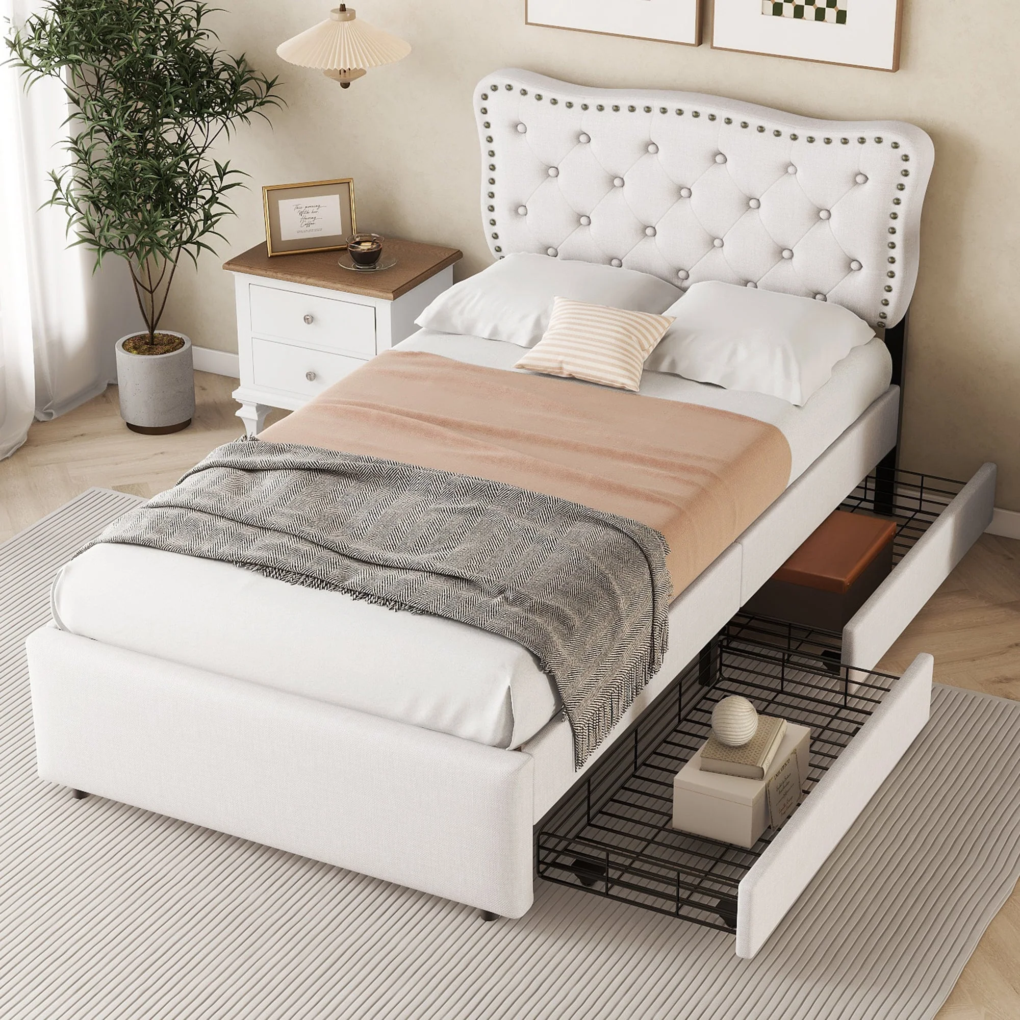 Upholstered Bed 90x200cm Decorative Studs Double Drawers - Light Beige