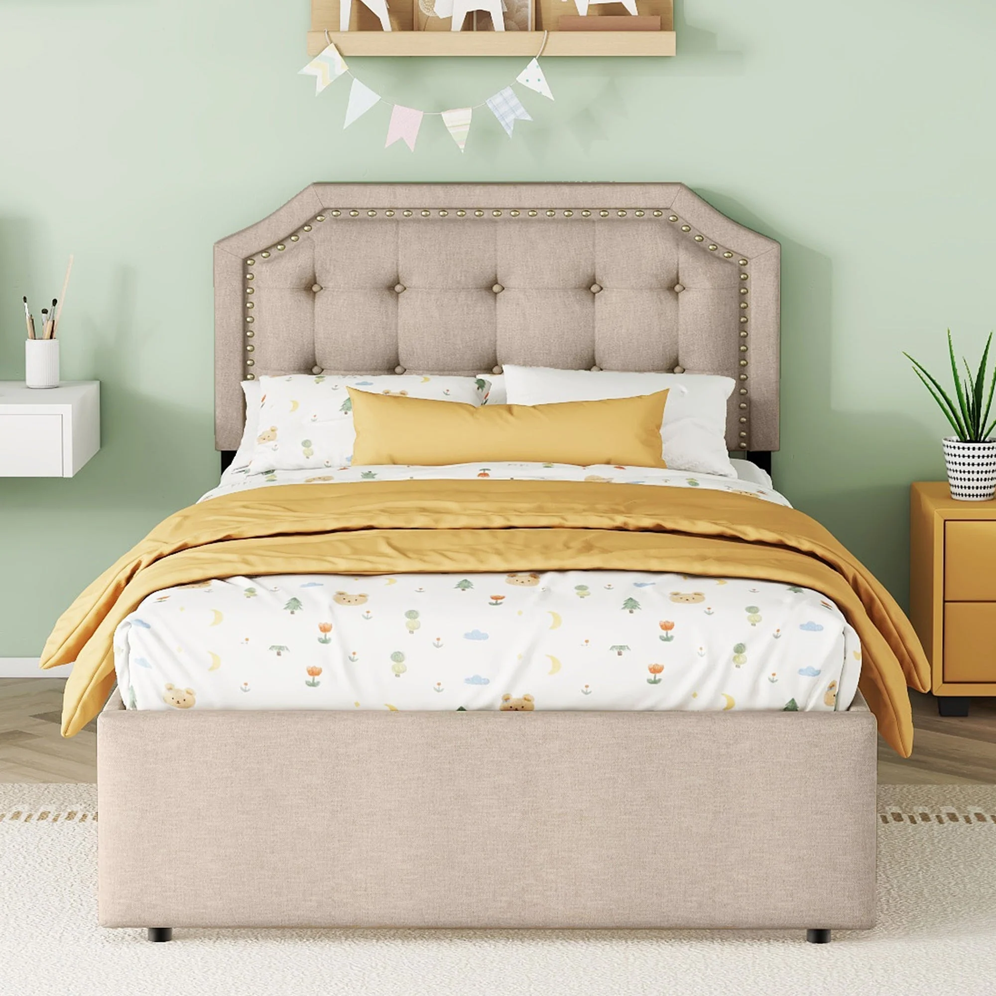 Upholstered Bed 90x200cm Flat Double Drawers Decorative Studs Dark Beige - Image 2