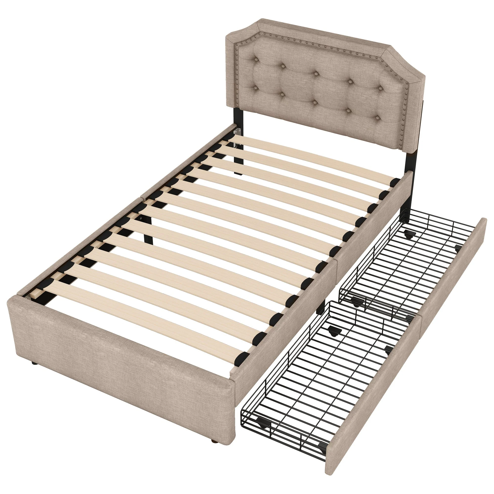 Upholstered Bed 90x200cm Flat Double Drawers Decorative Studs Dark Beige - Image 6