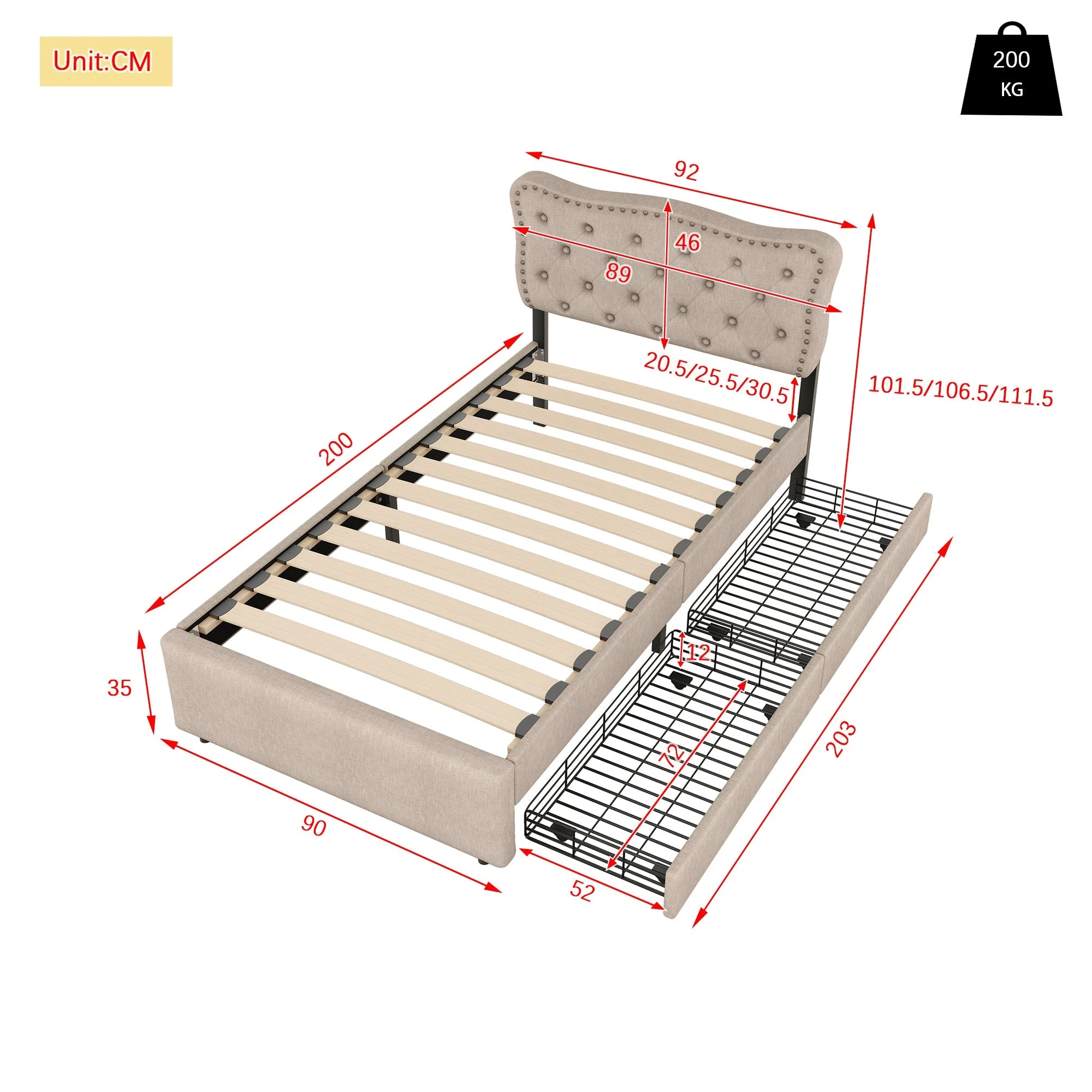 Upholstered Bed 90x200cm Flat Double Drawers Studded Headboard - Dark Beige - Image 5