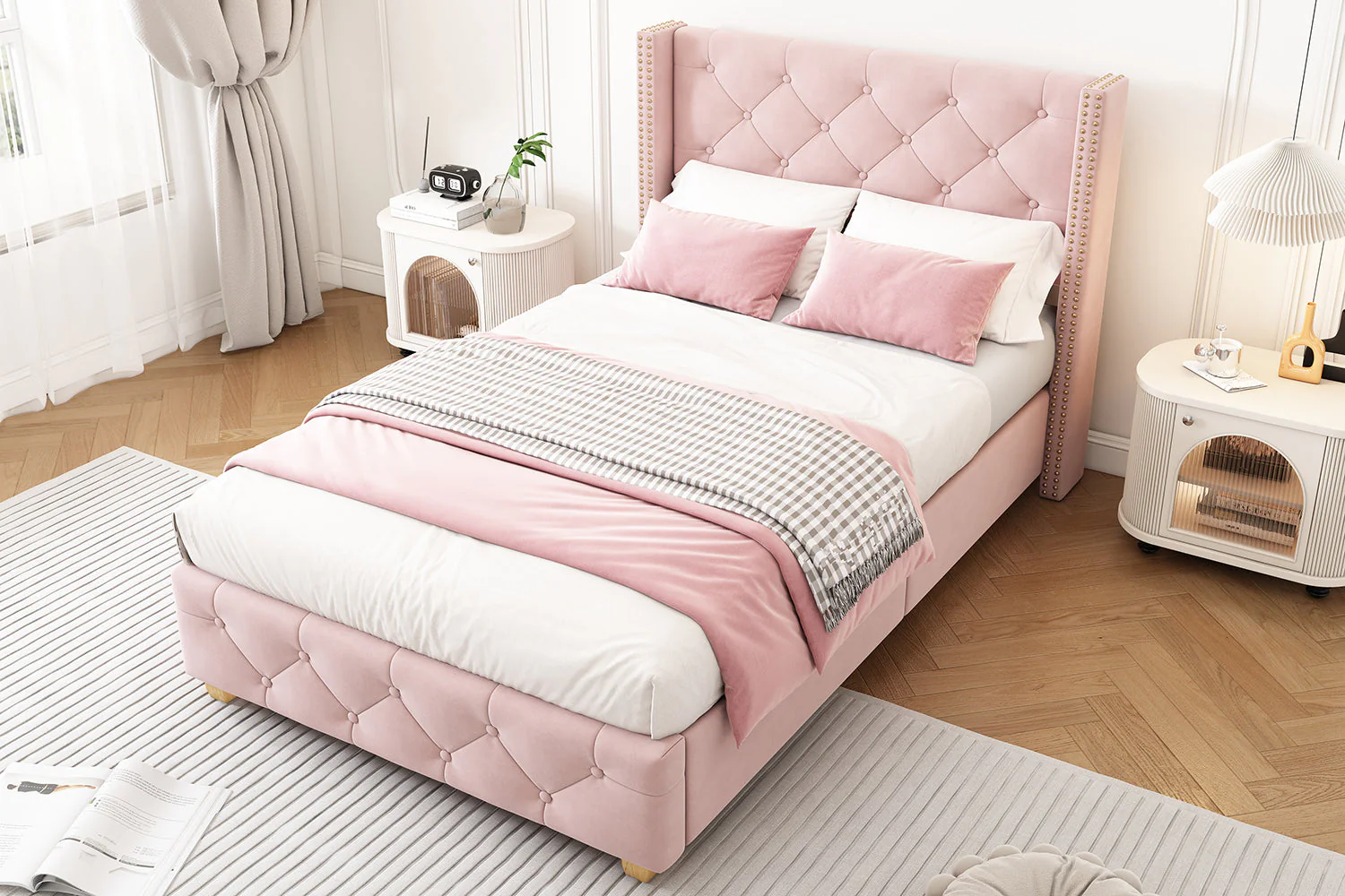 Upholstered Bed 90x200cm Headboard Button Studded Slatted Frame - Velvet Pink - Image 9