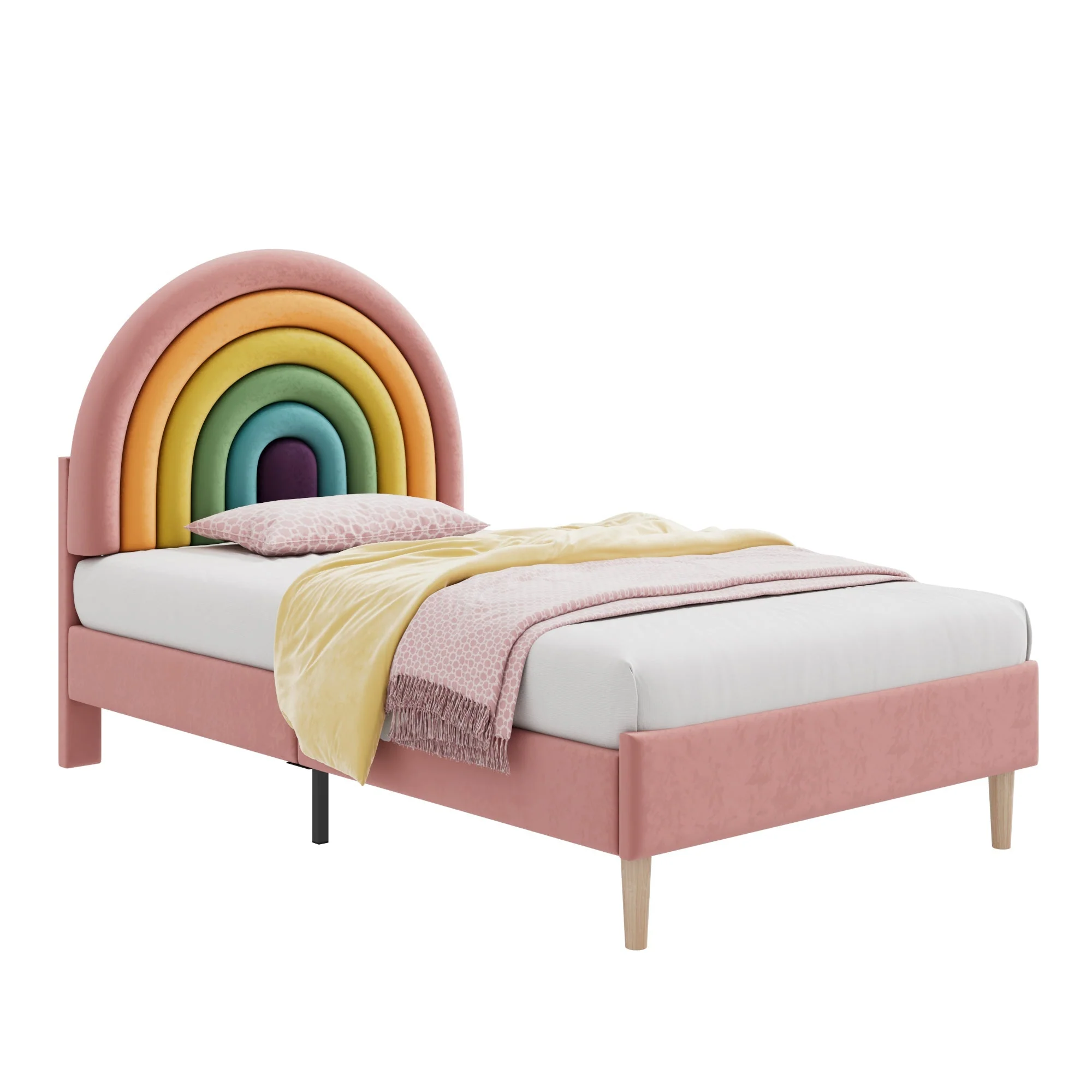Upholstered Bed 90x200cm Height-Adjustable Headboard Slatted Base Velvet Pink - Image 8