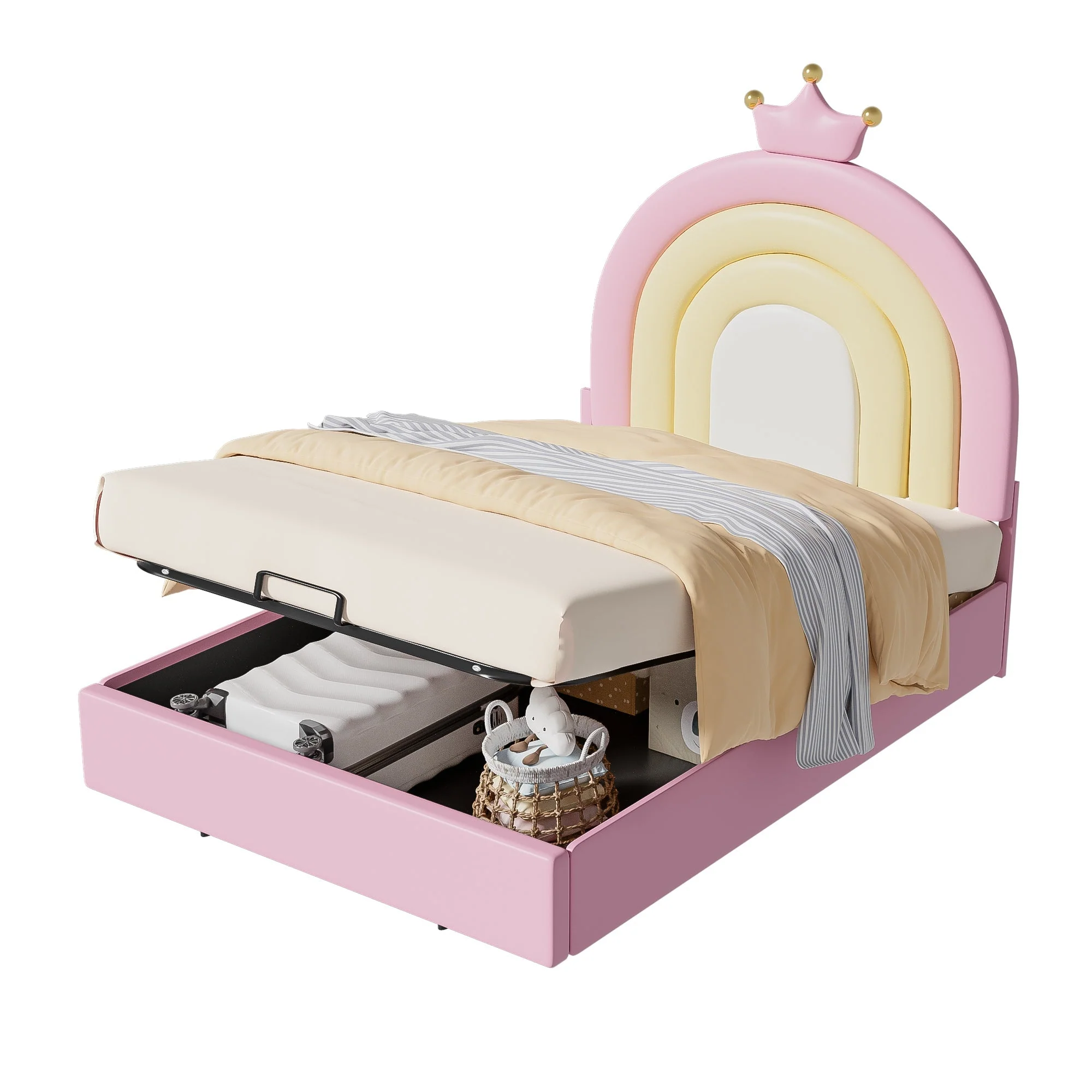 Upholstered Bed 90x200cm Hydraulic Adjustable Headboard - PU Pink - Image 3