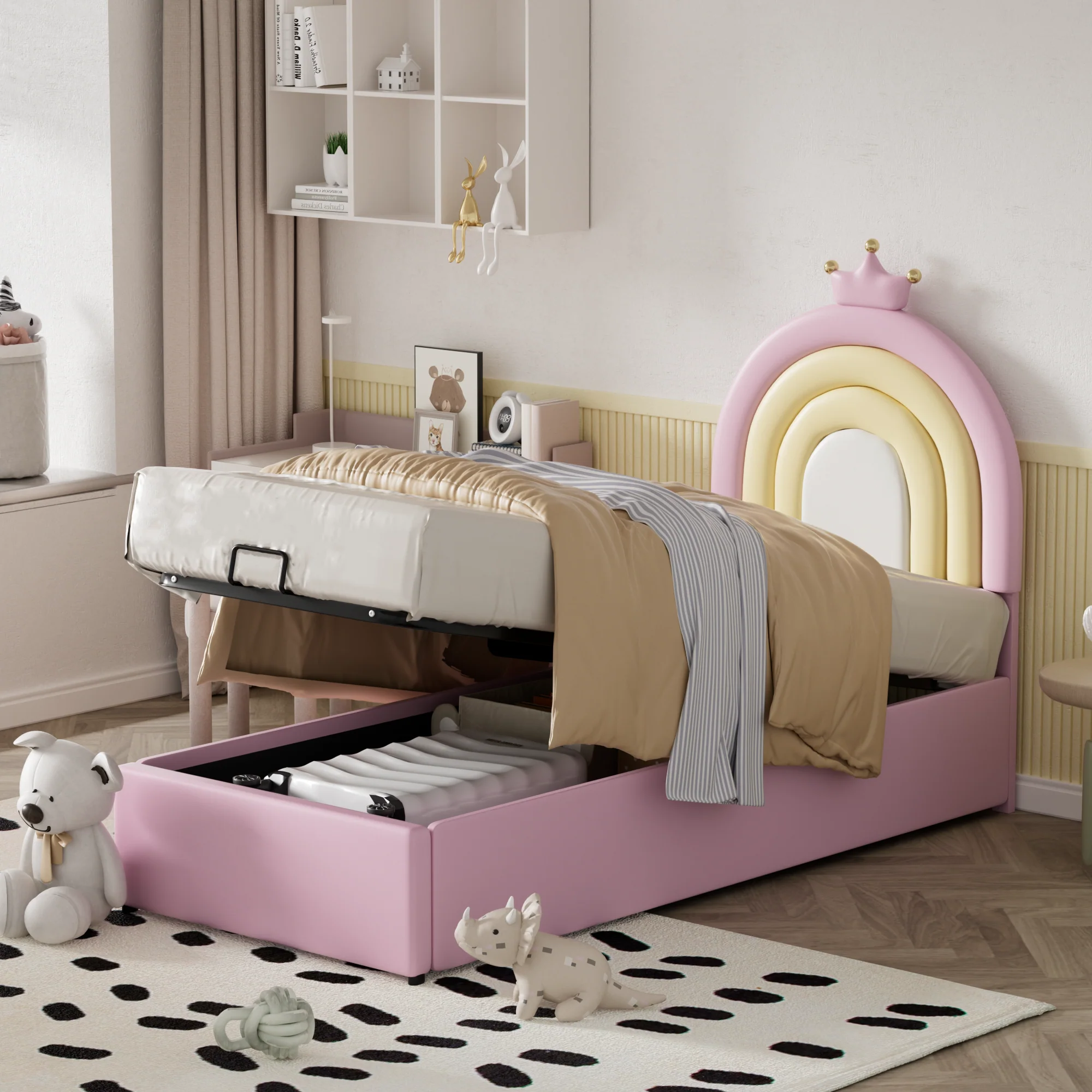 Upholstered Bed 90x200cm Hydraulic Adjustable Headboard - PU Pink - Image 4