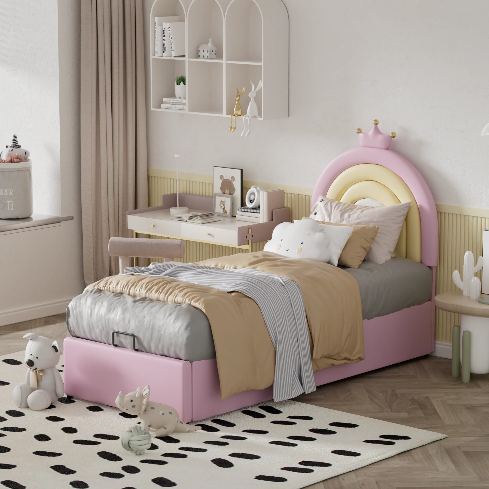 Upholstered Bed 90x200cm Hydraulic Adjustable Headboard - PU Pink - Image 5