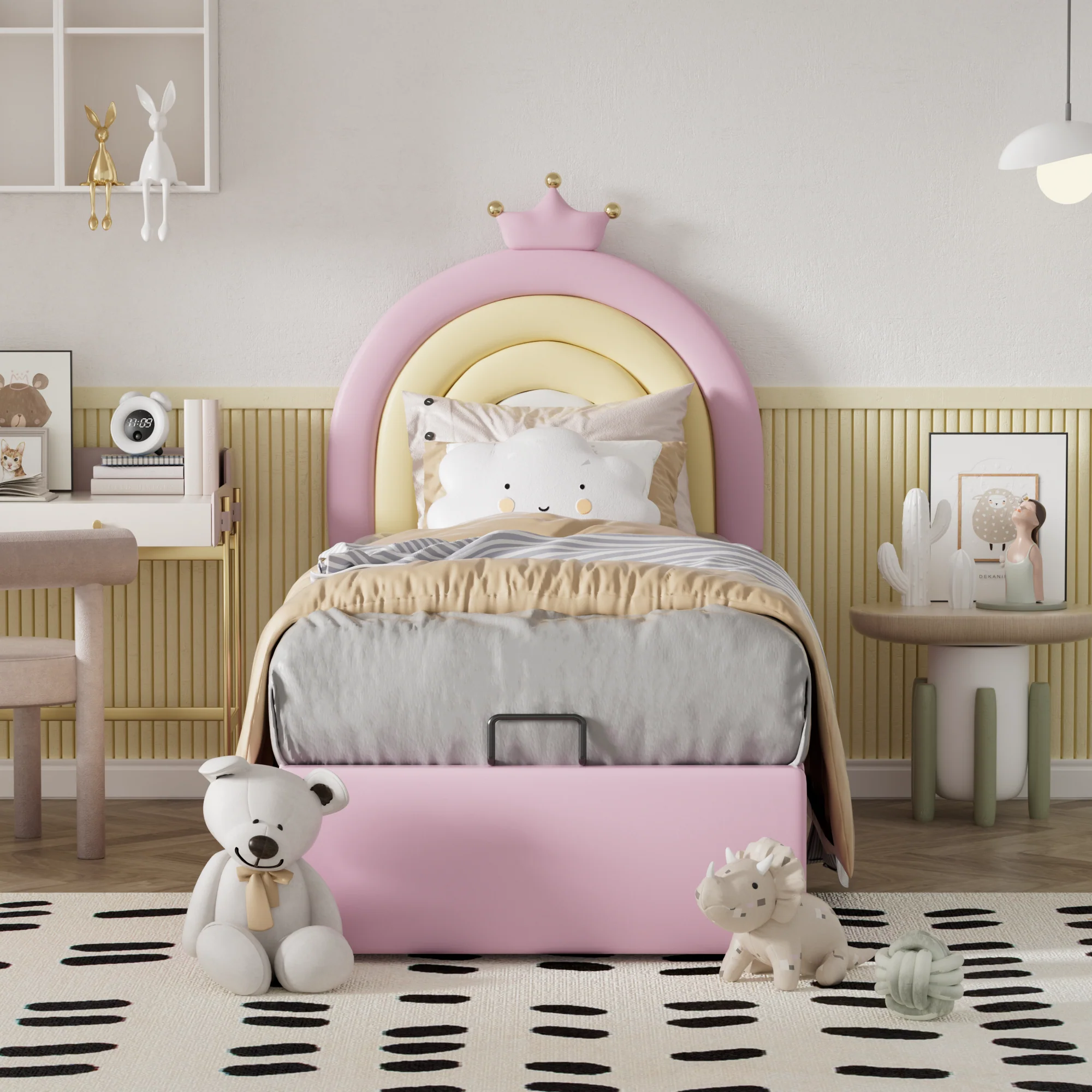 Upholstered Bed 90x200cm Hydraulic Adjustable Headboard - PU Pink - Image 6