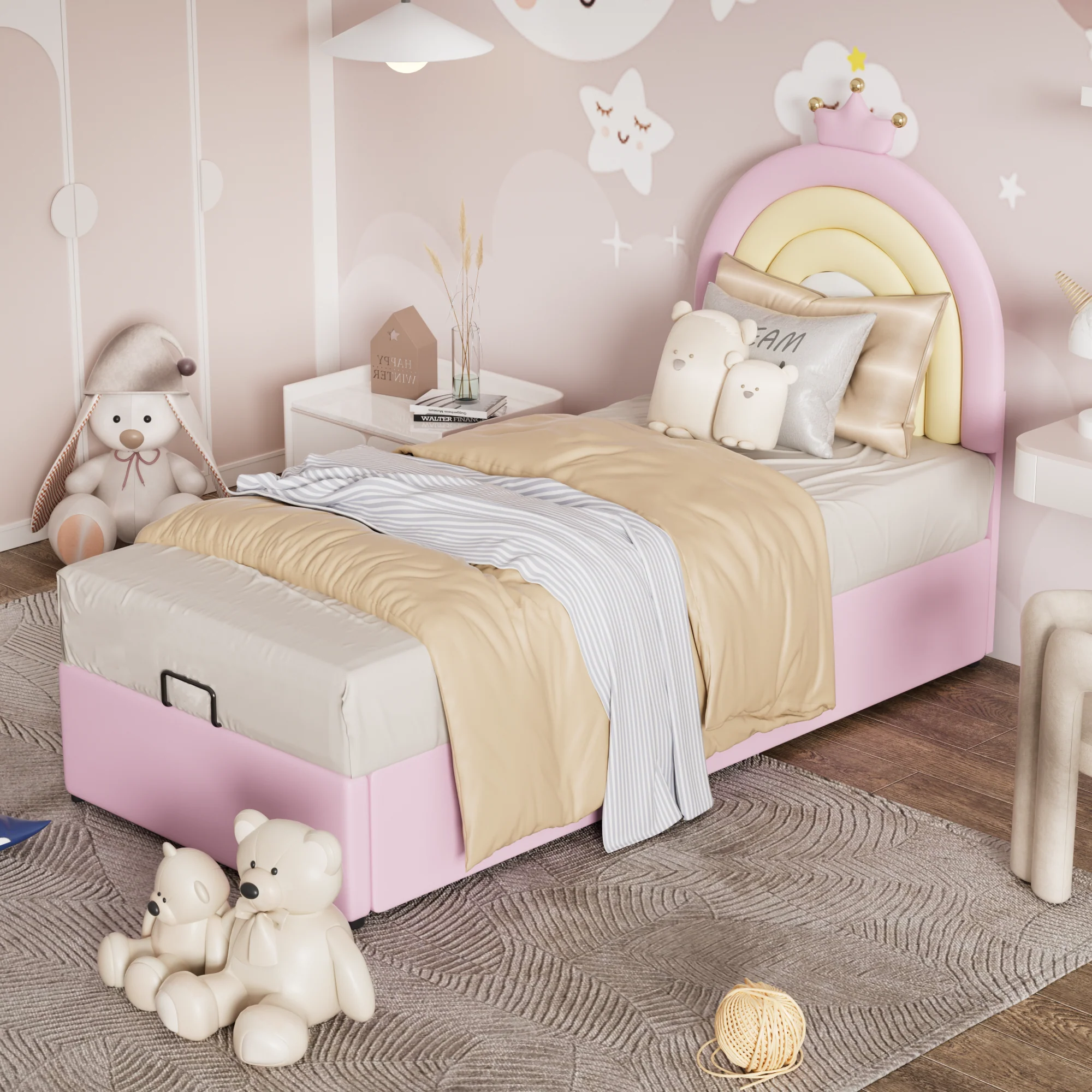 Upholstered Bed 90x200cm Hydraulic Adjustable Headboard - PU Pink - Image 7