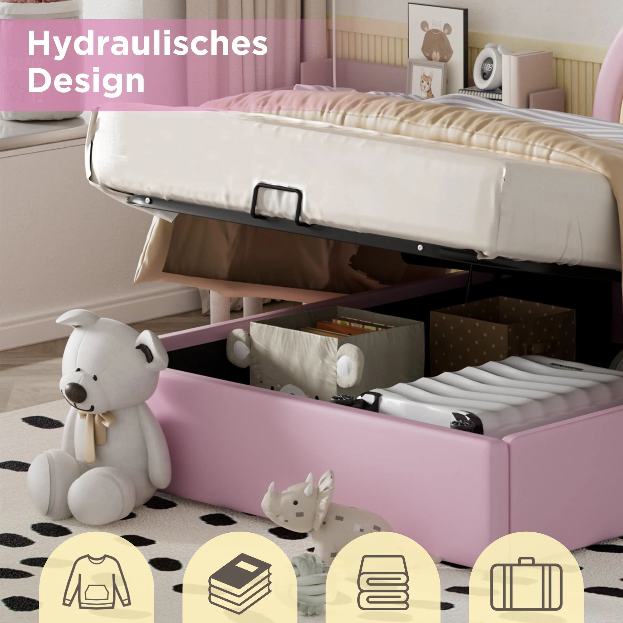 Upholstered Bed 90x200cm Hydraulic Adjustable Headboard - PU Pink - Image 9