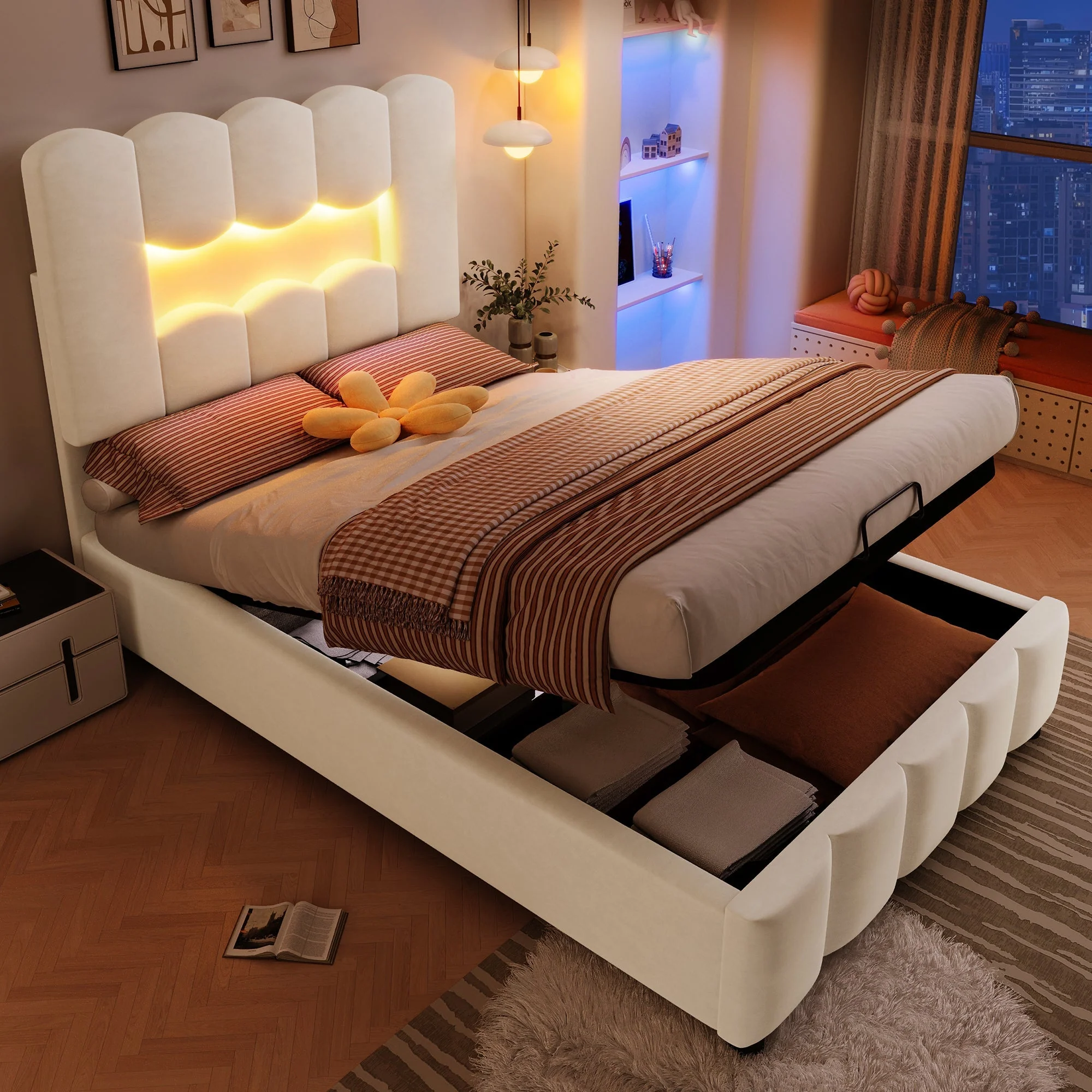 Upholstered Bed 90x200cm Hydraulic LED Adjustable Headboard Beige Velvet